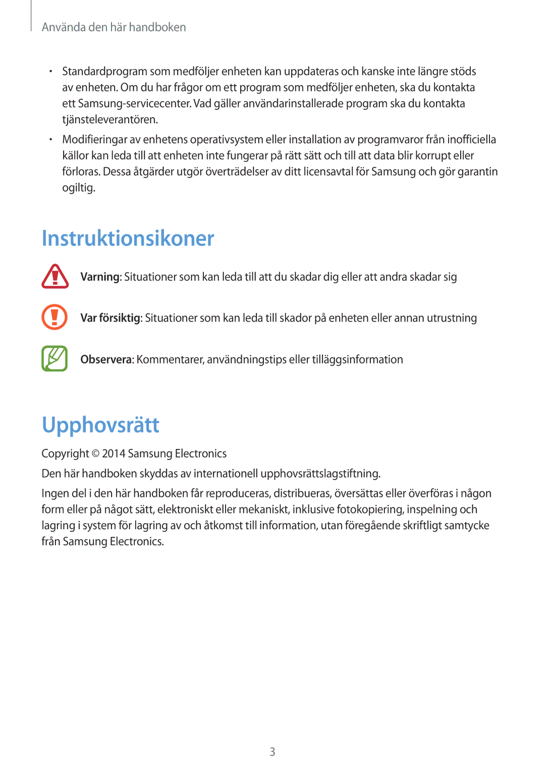 Samsung GT-I9295ZOANEE, GT-I9295MOANEE, GT-I9295ZBANEE, GT-I9295ZAANEE manual Instruktionsikoner, Upphovsrätt 