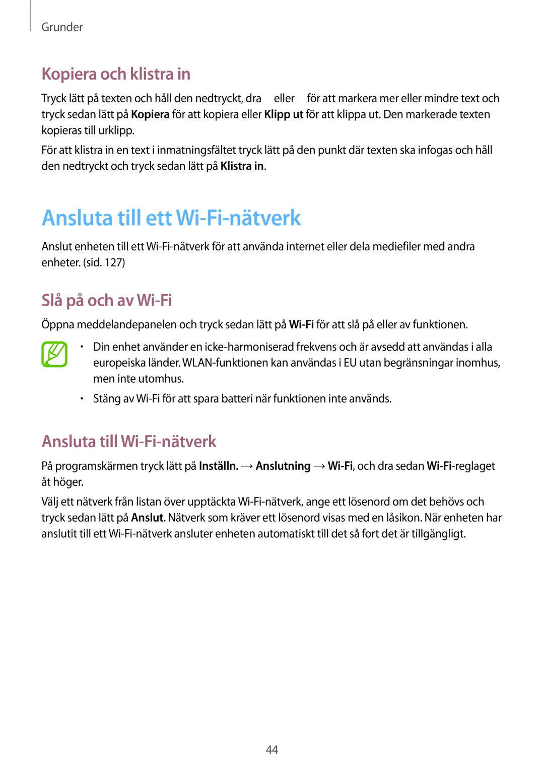 Samsung GT-I9295MOANEE, GT-I9295ZBANEE manual Ansluta till ett Wi-Fi-nätverk, Kopiera och klistra, Slå på och av Wi-Fi 