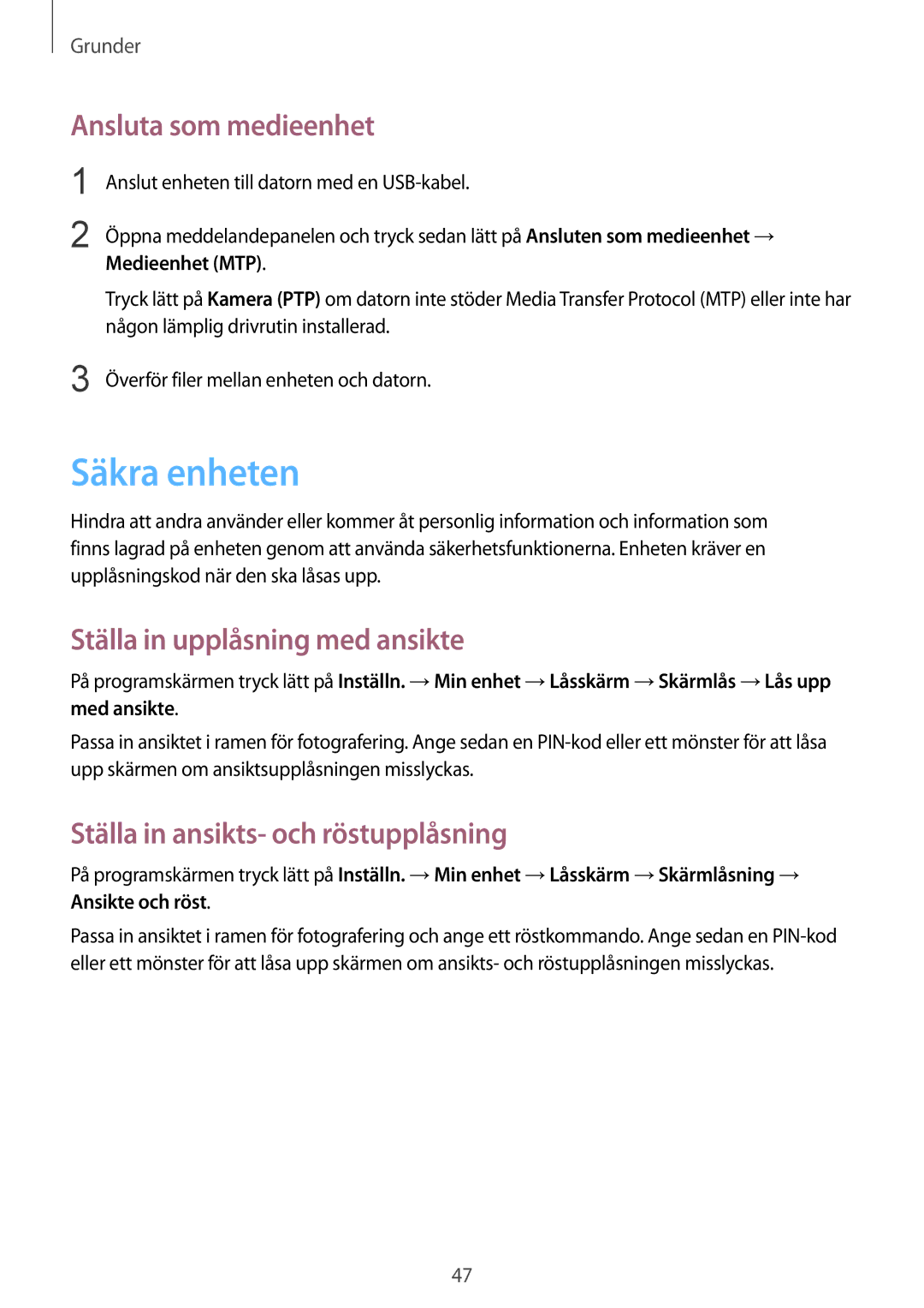 Samsung GT-I9295ZOANEE manual Säkra enheten, Ansluta som medieenhet, Ställa in upplåsning med ansikte, Medieenhet MTP 