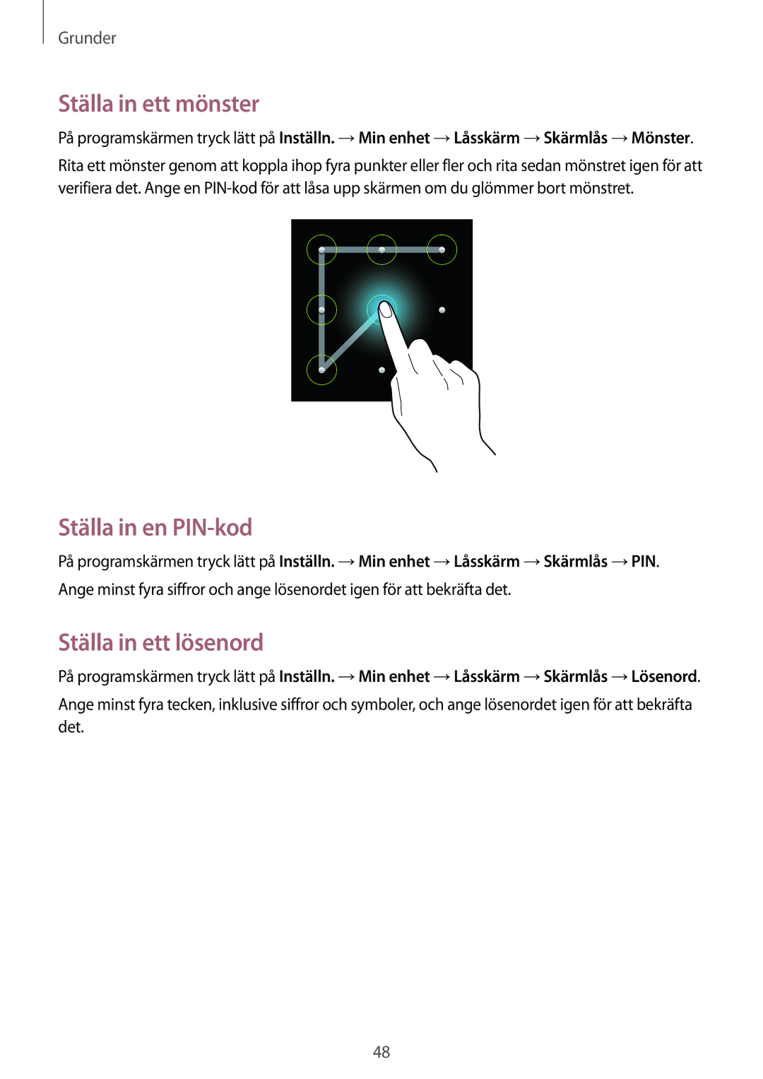 Samsung GT-I9295MOANEE, GT-I9295ZBANEE, GT-I9295ZAANEE Ställa in ett mönster, Ställa in en PIN-kod, Ställa in ett lösenord 