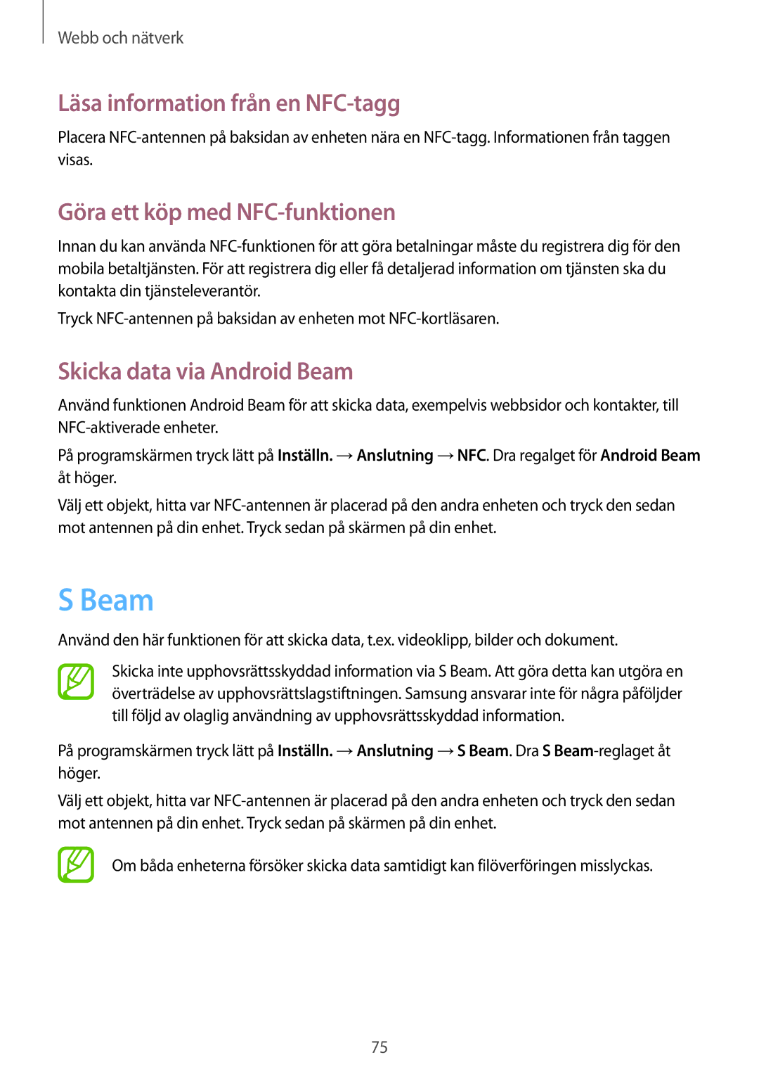 Samsung GT-I9295ZOANEE, GT-I9295MOANEE manual Beam, Läsa information från en NFC-tagg, Göra ett köp med NFC-funktionen 