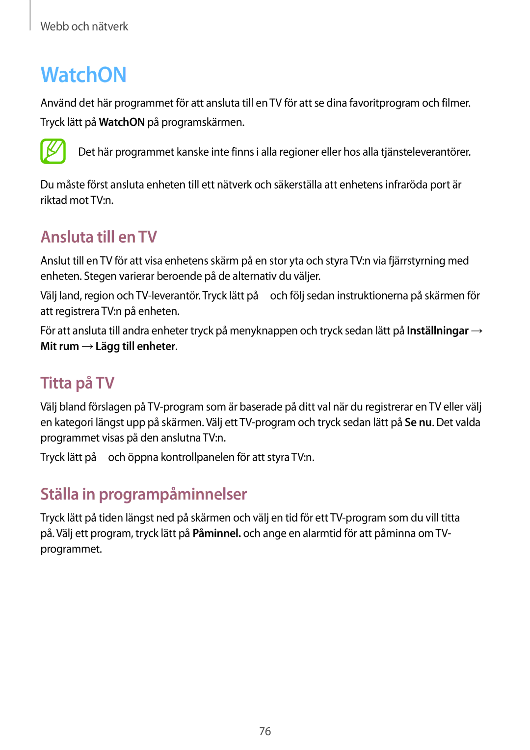 Samsung GT-I9295MOANEE, GT-I9295ZBANEE manual WatchON, Ansluta till en TV, Titta på TV, Ställa in programpåminnelser 