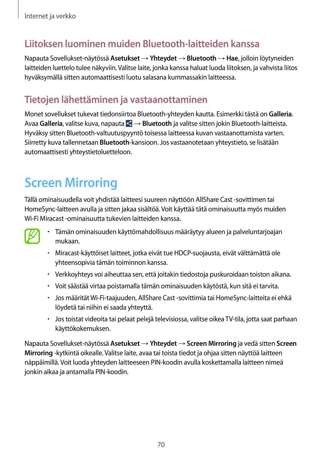 Samsung GT-I9295ZAANEE, GT-I9295MOANEE manual Screen Mirroring, Liitoksen luominen muiden Bluetooth-laitteiden kanssa 