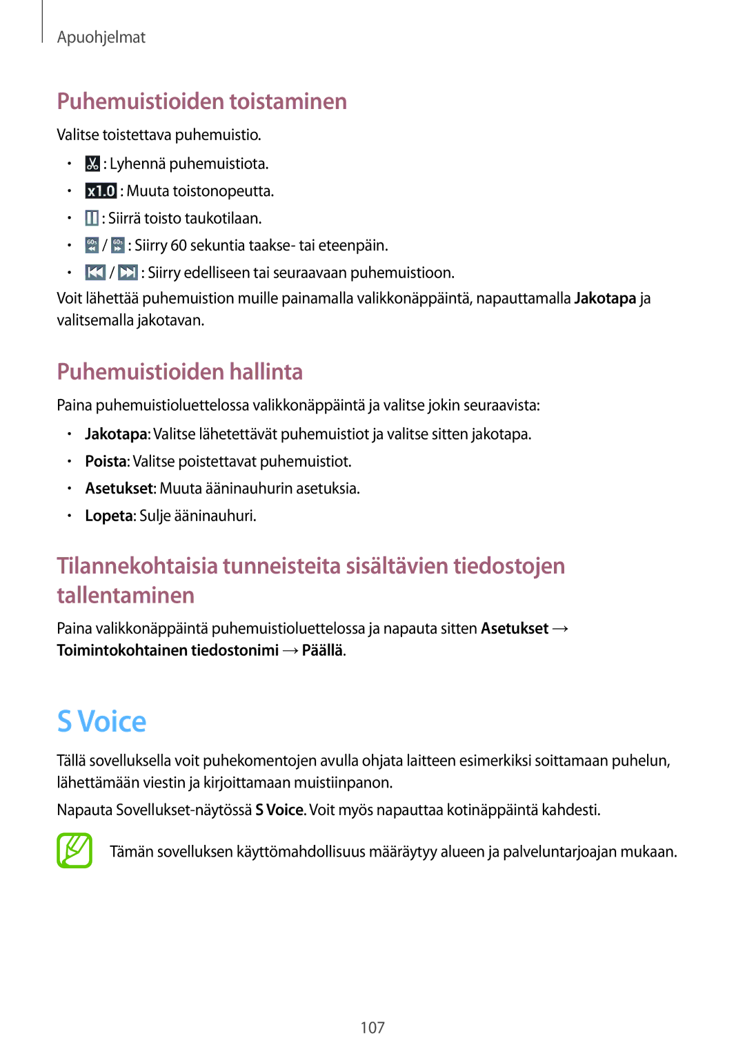 Samsung GT-I9295ZOANEE, GT-I9295MOANEE, GT-I9295ZBANEE manual Voice, Puhemuistioiden toistaminen, Puhemuistioiden hallinta 