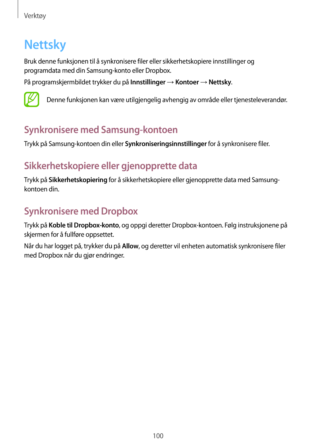 Samsung GT-I9295MOANEE manual Nettsky, Synkronisere med Samsung-kontoen, Sikkerhetskopiere eller gjenopprette data 