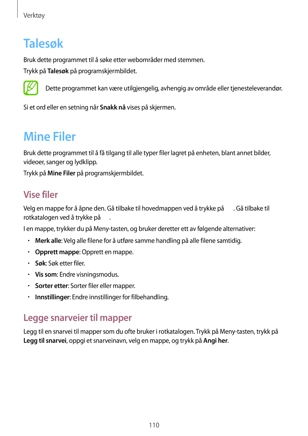 Samsung GT-I9295ZAANEE, GT-I9295MOANEE, GT-I9295ZBANEE manual Talesøk, Mine Filer, Vise filer, Legge snarveier til mapper 