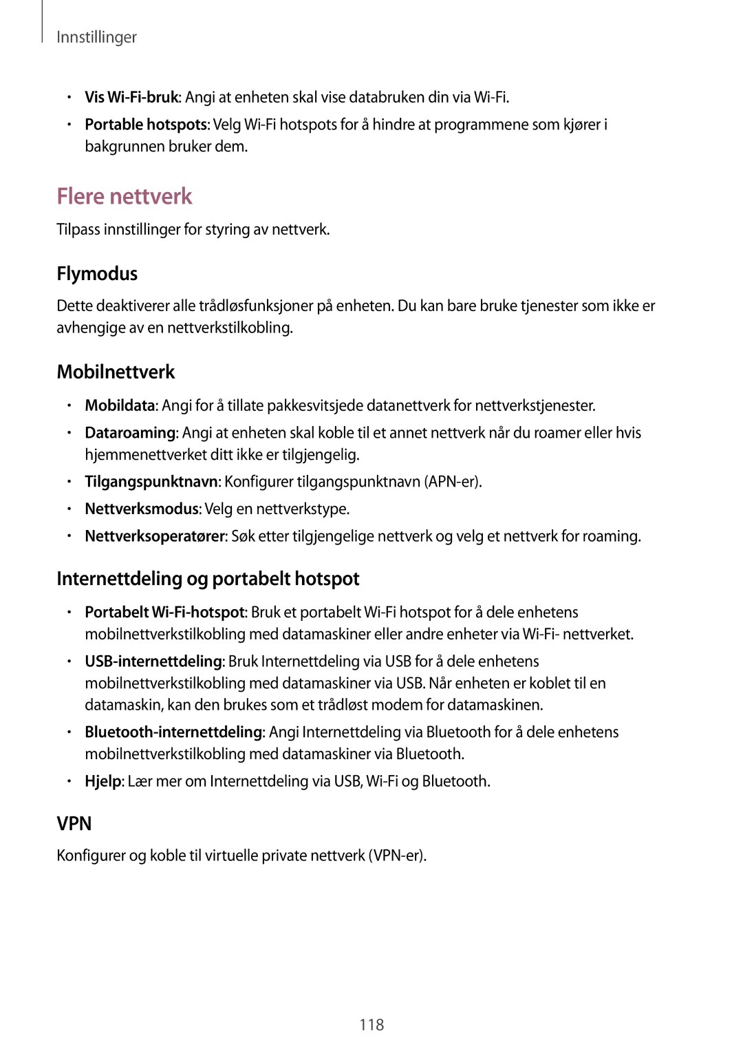 Samsung GT-I9295ZAANEE, GT-I9295MOANEE manual Flere nettverk, Flymodus, Mobilnettverk, Internettdeling og portabelt hotspot 