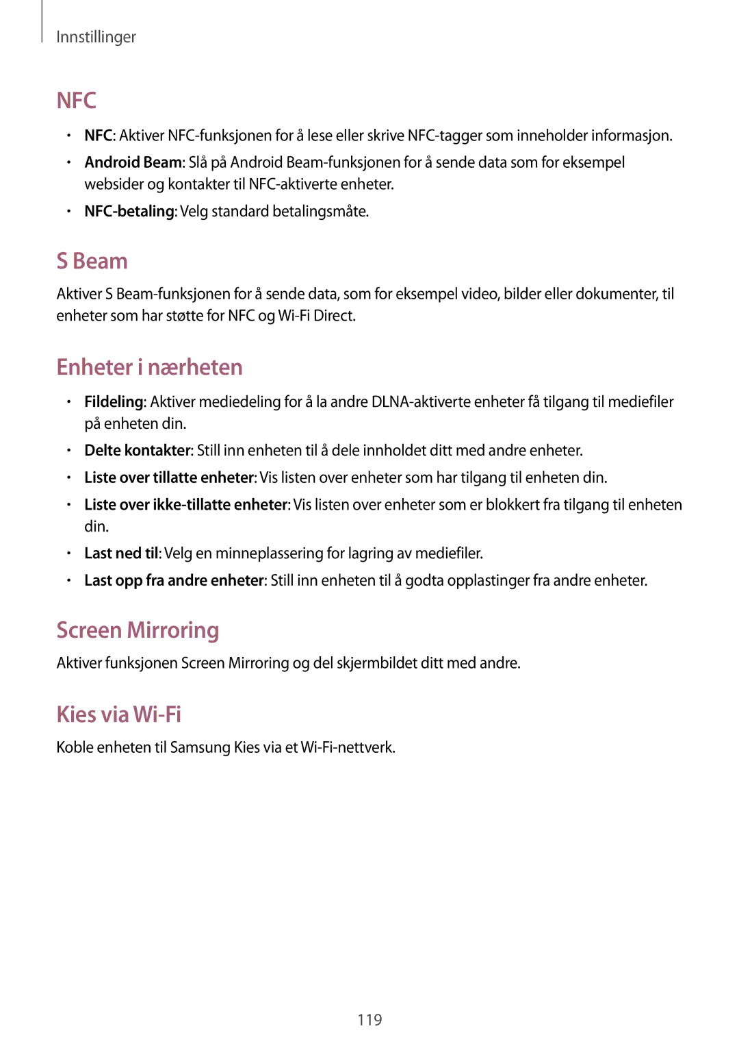 Samsung GT-I9295ZOANEE, GT-I9295MOANEE, GT-I9295ZBANEE manual Beam, Enheter i nærheten, Screen Mirroring, Kies via Wi-Fi 