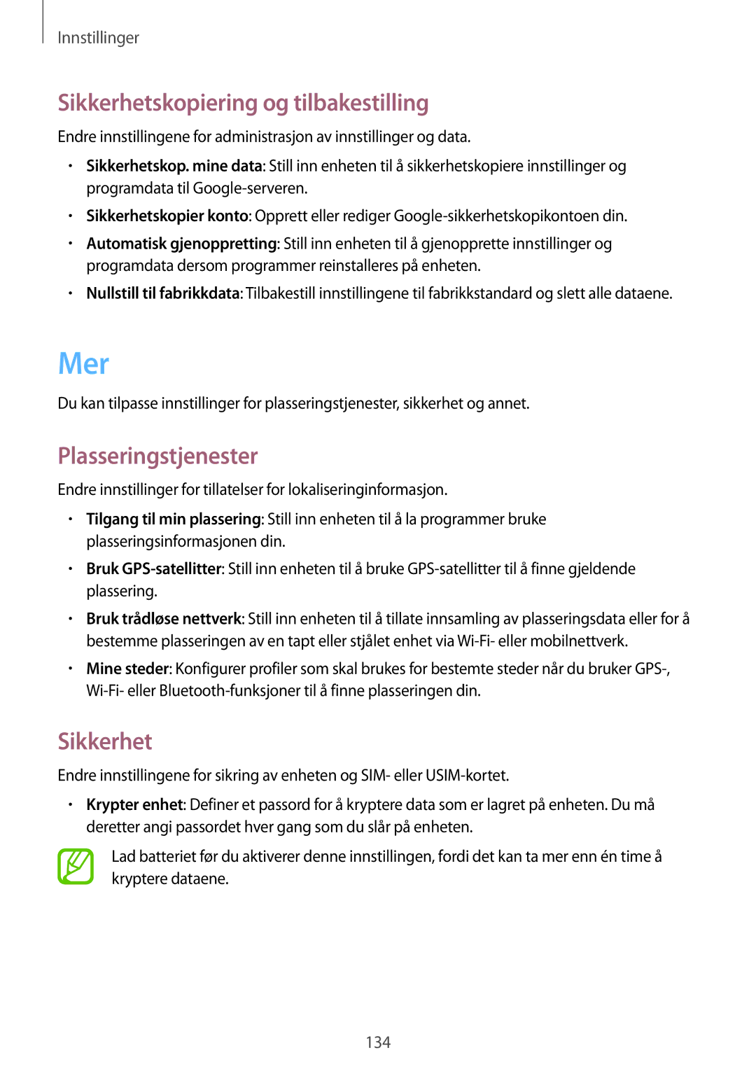 Samsung GT-I9295ZAANEE, GT-I9295MOANEE, GT-I9295ZBANEE Mer, Sikkerhetskopiering og tilbakestilling, Plasseringstjenester 