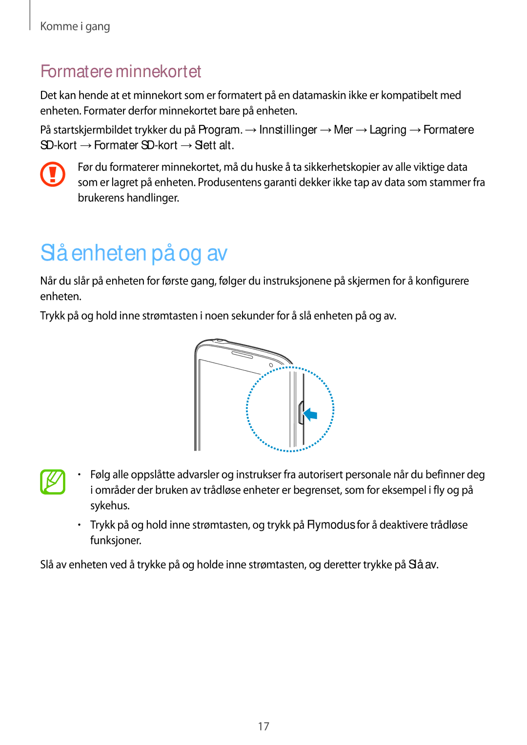 Samsung GT-I9295ZBANEE, GT-I9295MOANEE, GT-I9295ZAANEE, GT-I9295ZOANEE manual Slå enheten på og av, Formatere minnekortet 