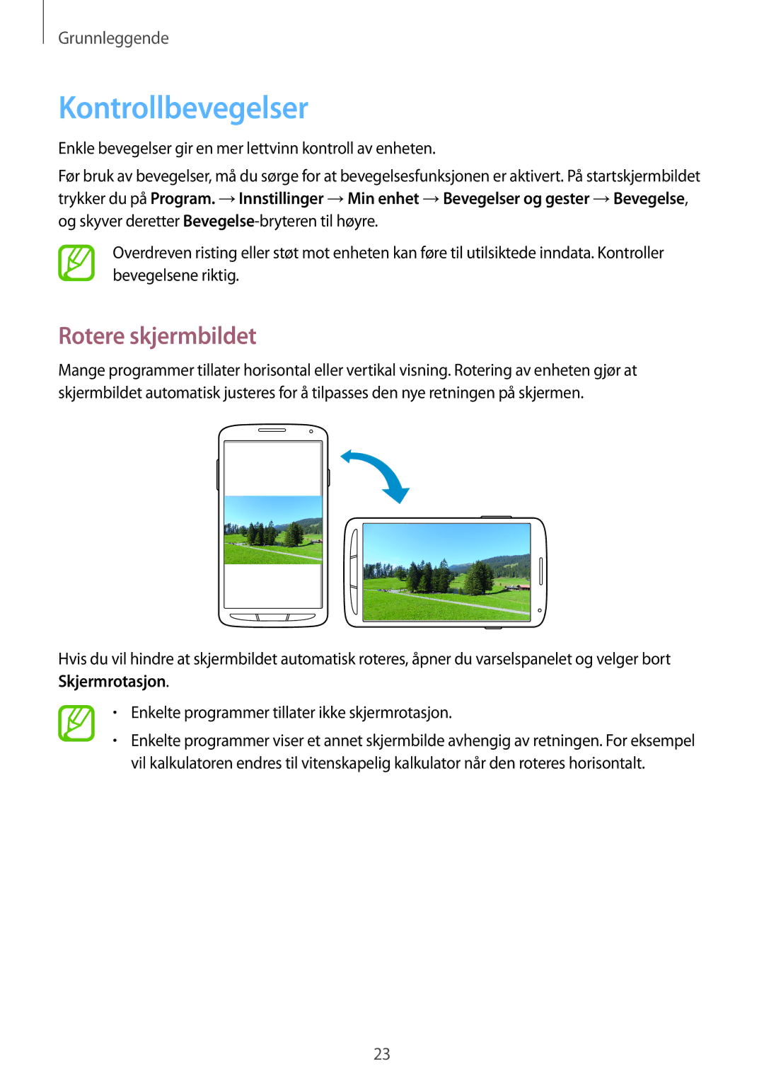 Samsung GT-I9295ZOANEE, GT-I9295MOANEE, GT-I9295ZBANEE, GT-I9295ZAANEE manual Kontrollbevegelser, Rotere skjermbildet 