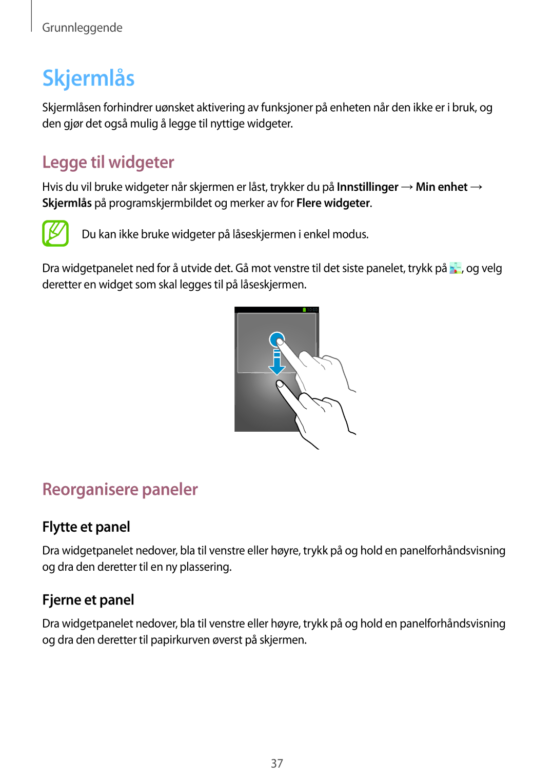 Samsung GT-I9295ZBANEE, GT-I9295MOANEE, GT-I9295ZAANEE, GT-I9295ZOANEE manual Skjermlås, Legge til widgeter 