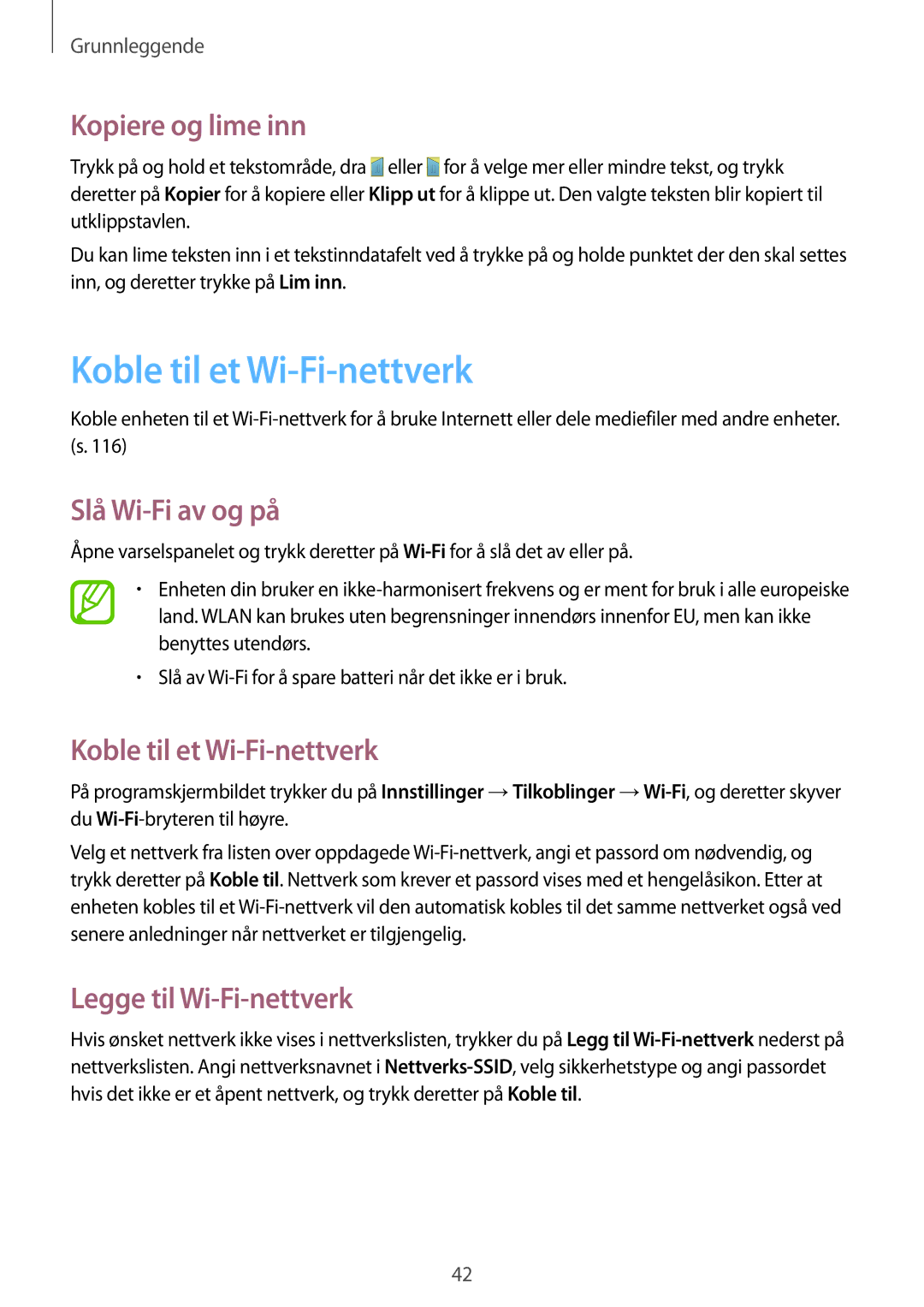 Samsung GT-I9295ZAANEE Koble til et Wi-Fi-nettverk, Kopiere og lime inn, Slå Wi-Fi av og på, Legge til Wi-Fi-nettverk 