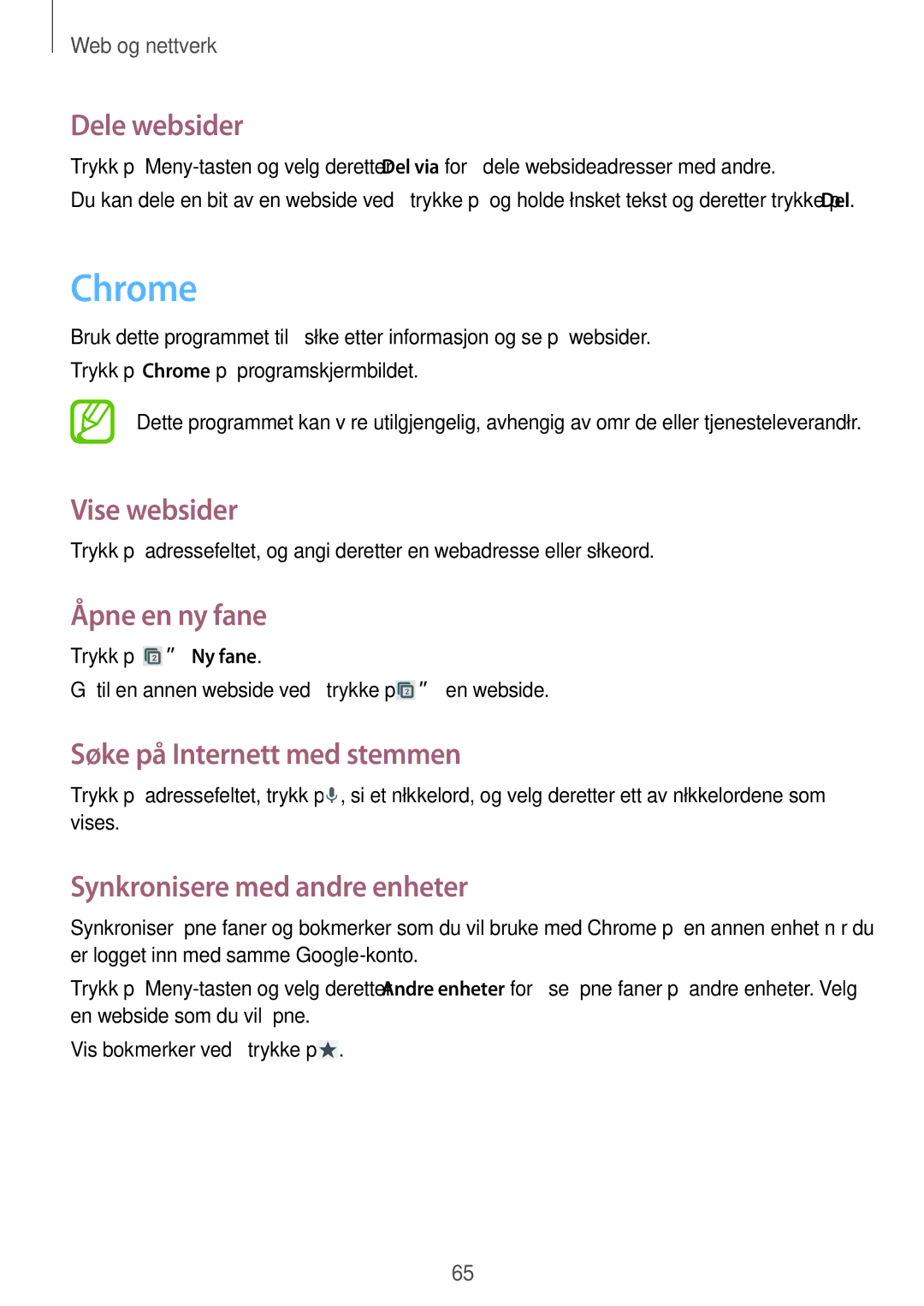 Samsung GT-I9295ZBANEE manual Chrome, Dele websider, Søke på Internett med stemmen, Synkronisere med andre enheter 