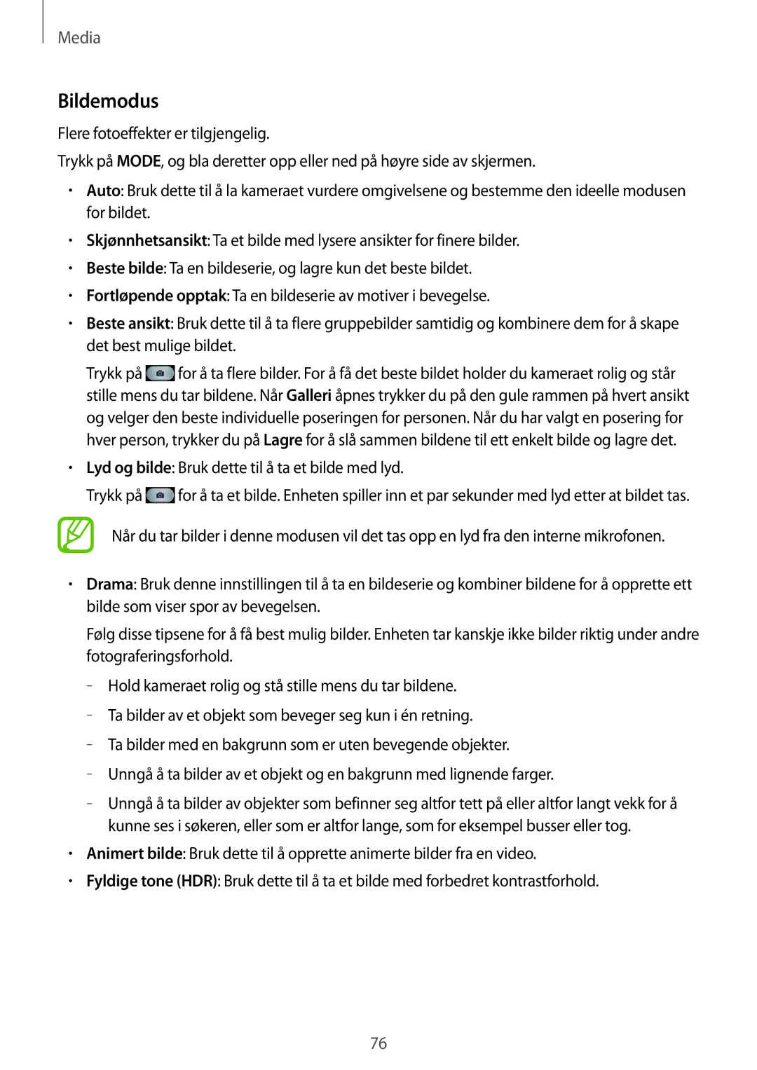 Samsung GT-I9295MOANEE, GT-I9295ZBANEE, GT-I9295ZAANEE manual Bildemodus, Lyd og bilde Bruk dette til å ta et bilde med lyd 