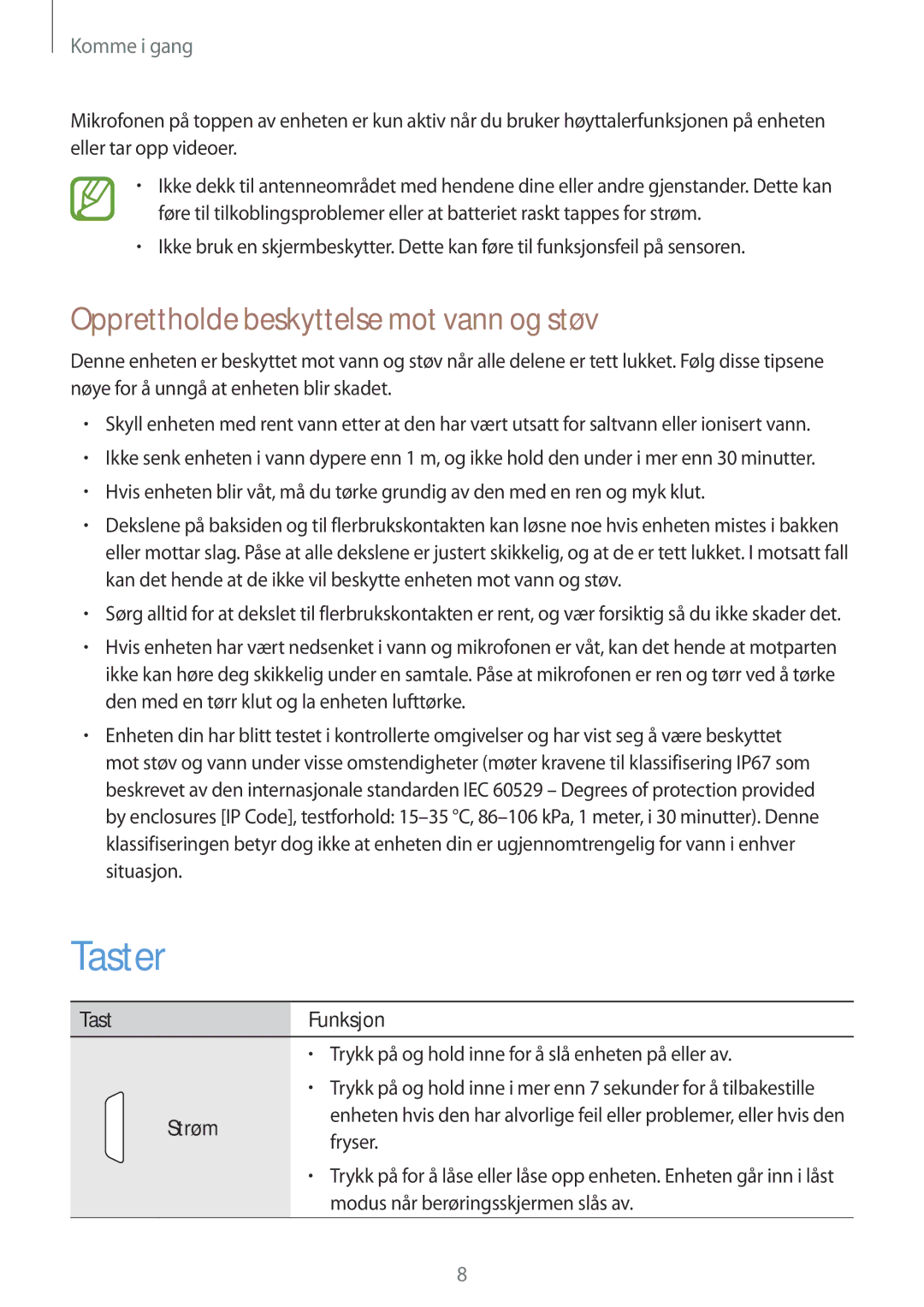 Samsung GT-I9295MOANEE, GT-I9295ZBANEE manual Taster, Opprettholde beskyttelse mot vann og støv, TastFunksjon, Strøm 