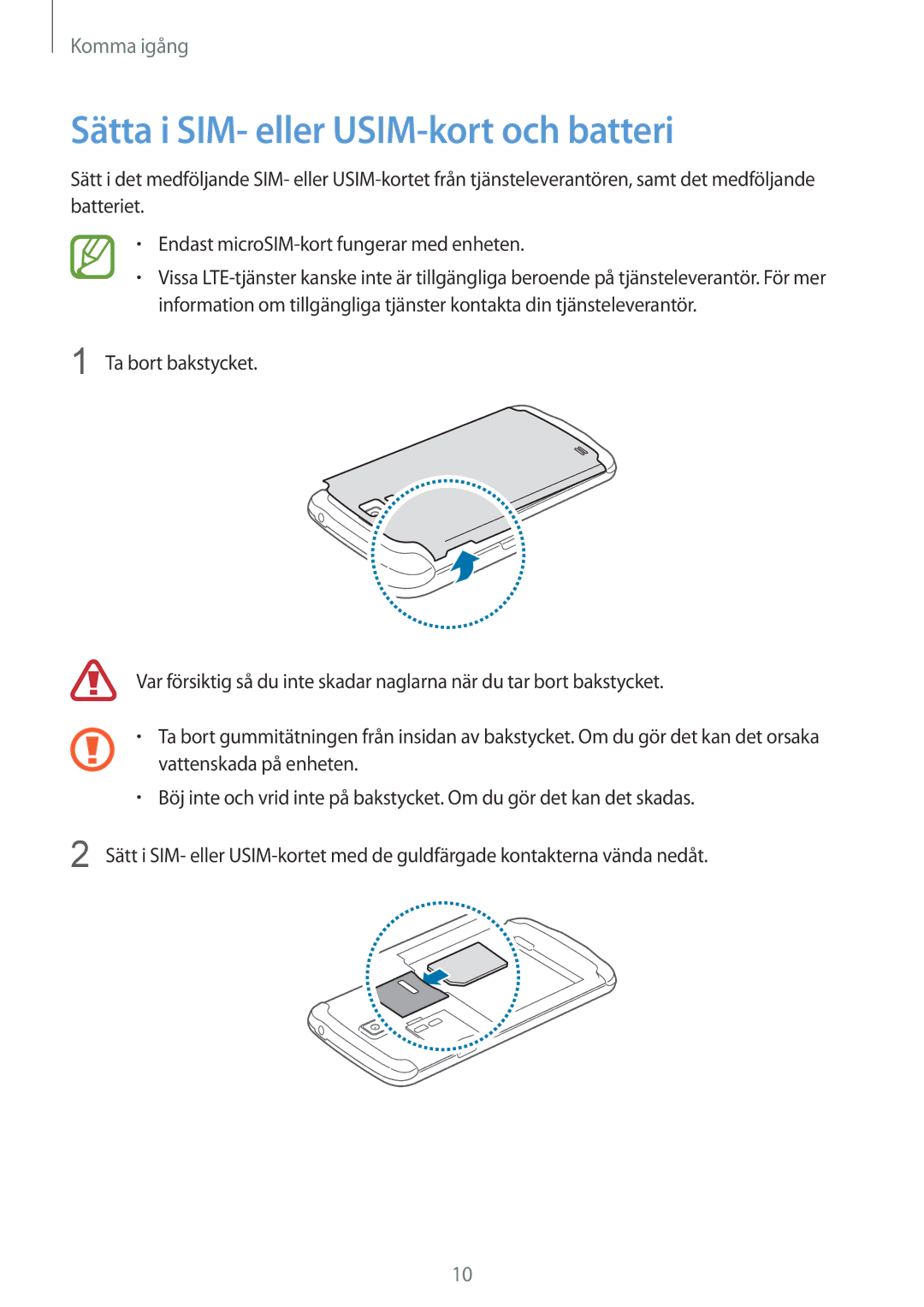 Samsung GT-I9295ZAANEE, GT-I9295MOANEE, GT-I9295ZBANEE, GT-I9295ZOANEE manual Sätta i SIM- eller USIM-kort och batteri 