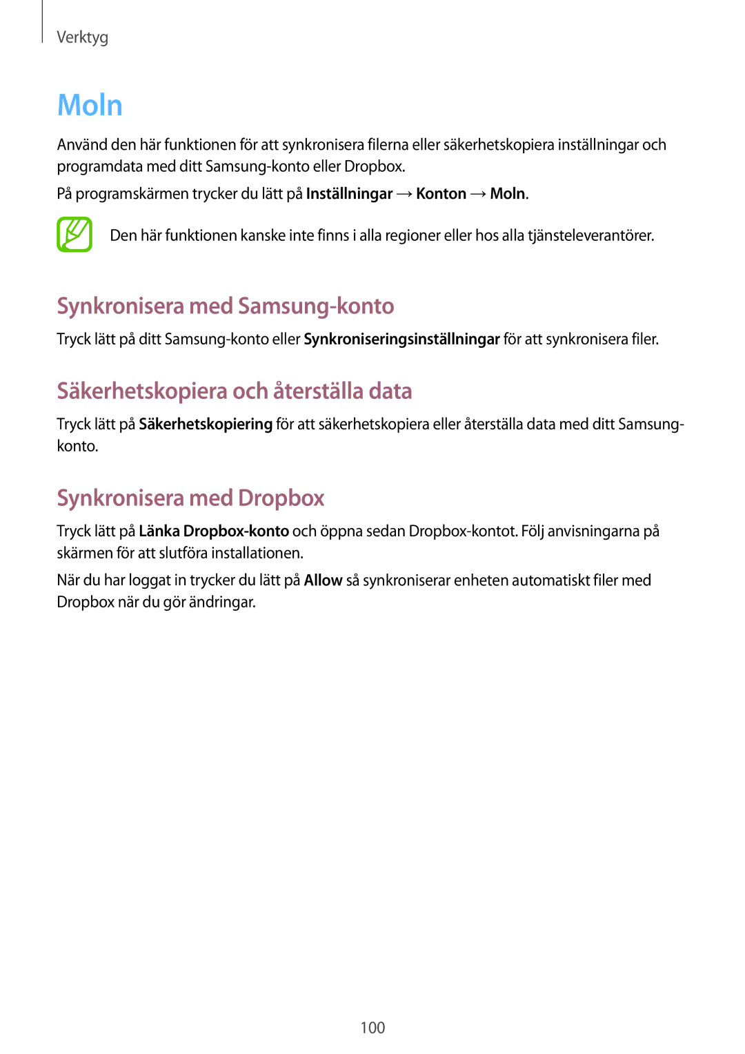 Samsung GT-I9295MOANEE, GT-I9295ZBANEE manual Moln, Synkronisera med Samsung-konto, Säkerhetskopiera och återställa data 