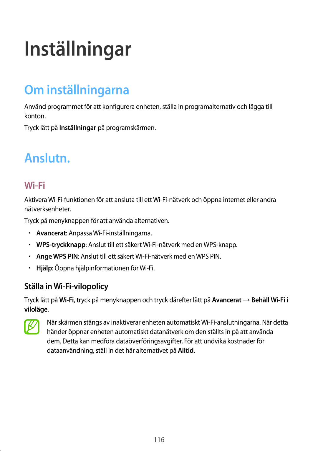 Samsung GT-I9295MOANEE, GT-I9295ZBANEE manual Inställningar, Om inställningarna, Anslutn, Ställa in Wi-Fi-vilopolicy 