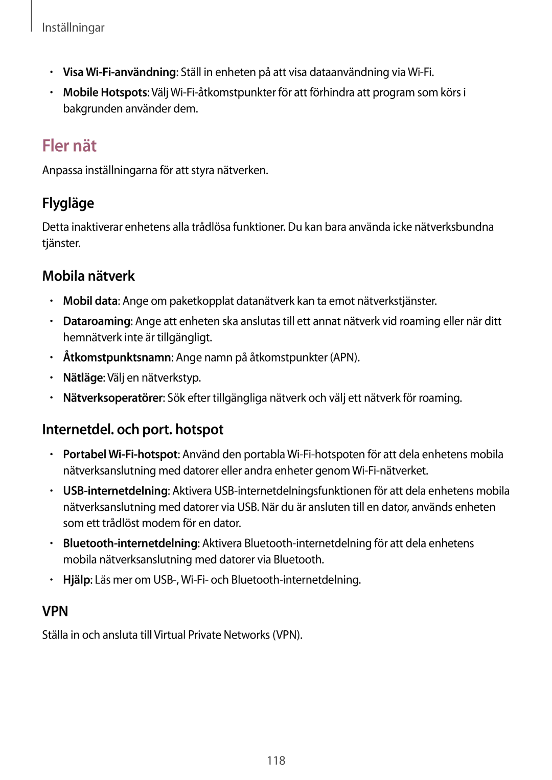 Samsung GT-I9295ZAANEE, GT-I9295MOANEE, GT-I9295ZBANEE Fler nät, Flygläge, Mobila nätverk, Internetdel. och port. hotspot 