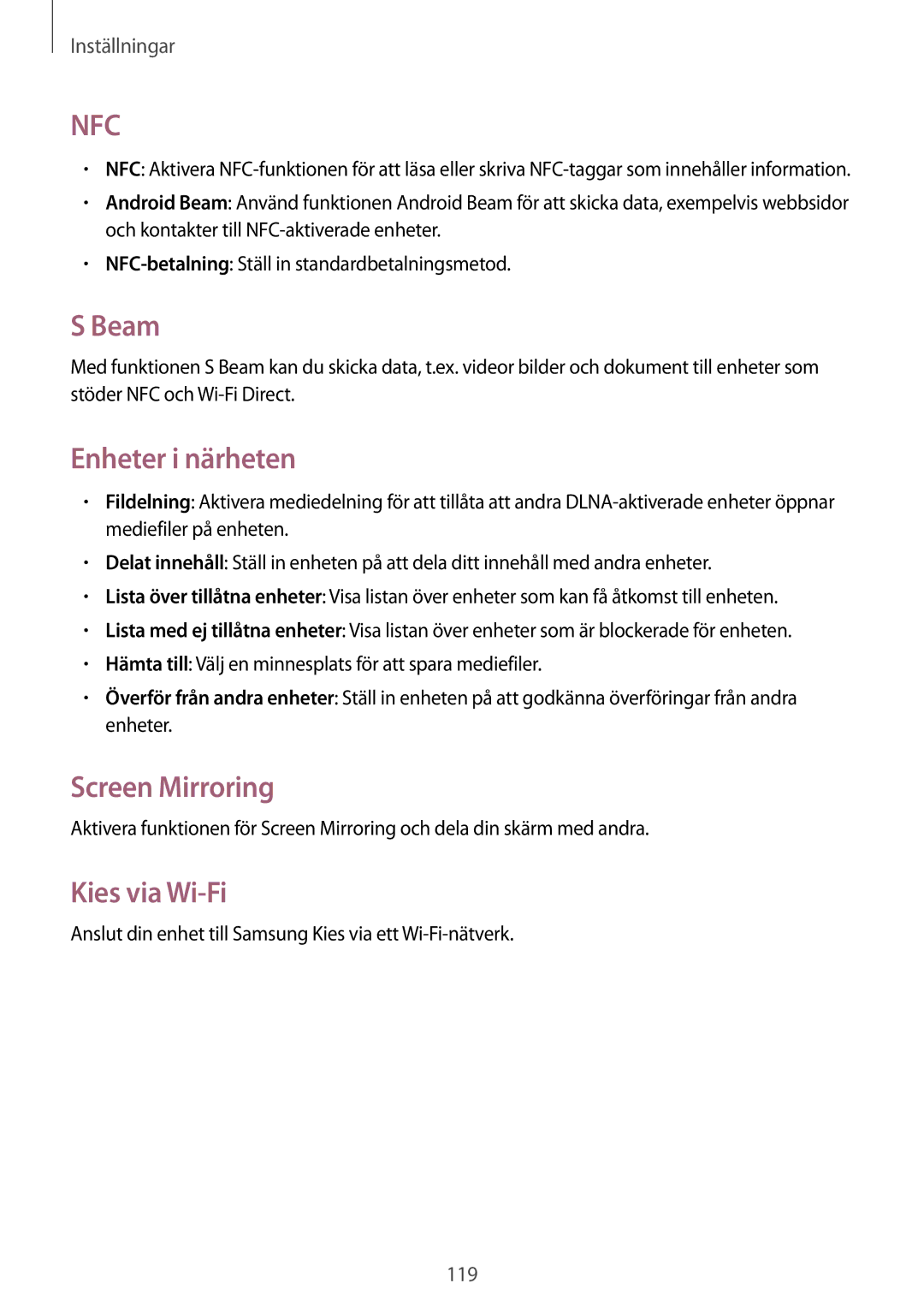 Samsung GT-I9295ZOANEE, GT-I9295MOANEE, GT-I9295ZBANEE manual Beam, Enheter i närheten, Screen Mirroring, Kies via Wi-Fi 