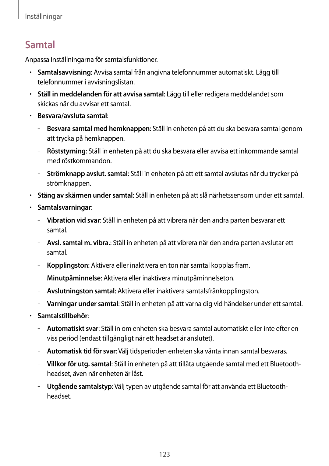 Samsung GT-I9295ZOANEE, GT-I9295MOANEE, GT-I9295ZBANEE, GT-I9295ZAANEE manual Samtalsvarningar, Samtalstillbehör 