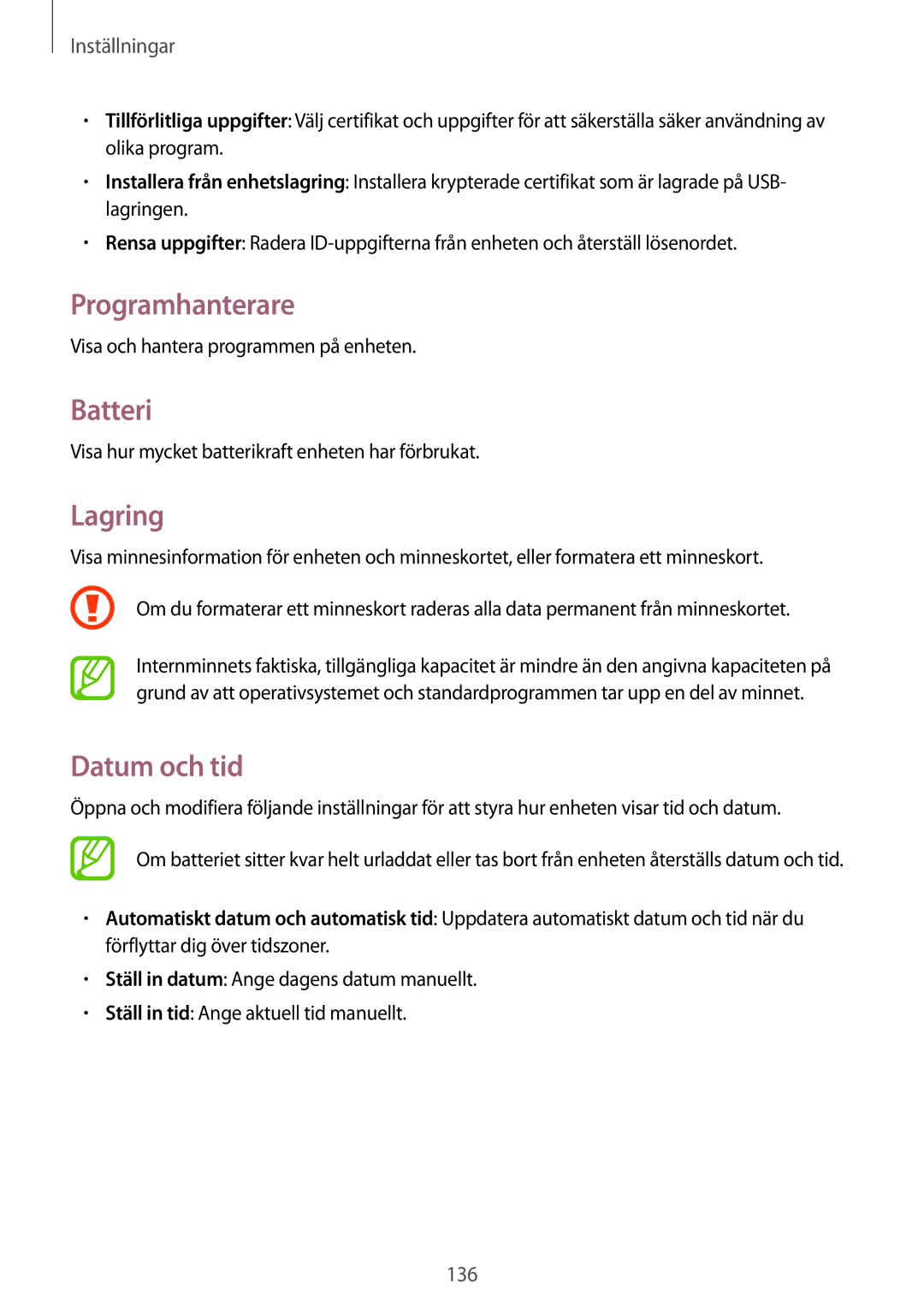 Samsung GT-I9295MOANEE, GT-I9295ZBANEE, GT-I9295ZAANEE, GT-I9295ZOANEE Programhanterare, Batteri, Lagring, Datum och tid 