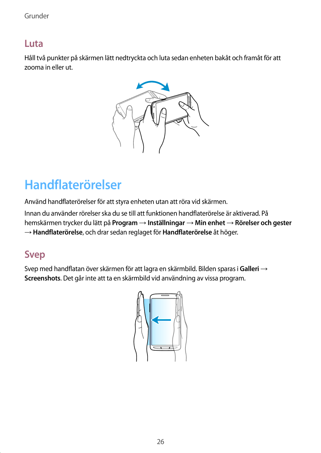 Samsung GT-I9295ZAANEE, GT-I9295MOANEE, GT-I9295ZBANEE, GT-I9295ZOANEE manual Handflaterörelser, Luta, Svep 