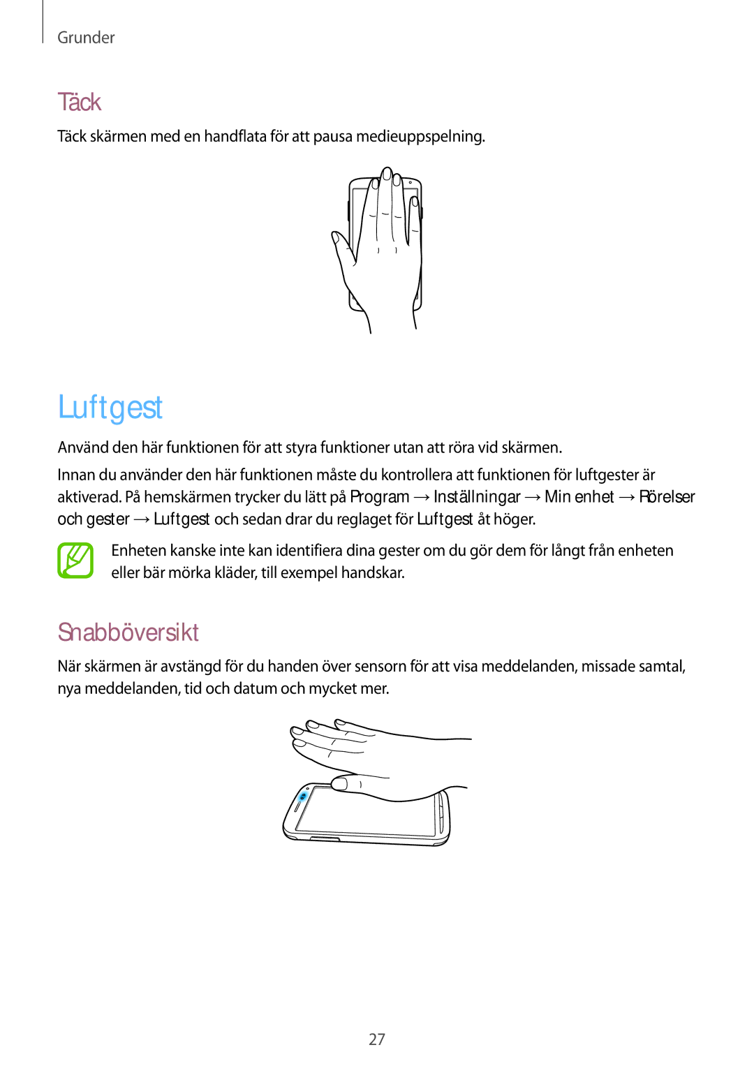 Samsung GT-I9295ZOANEE, GT-I9295MOANEE, GT-I9295ZBANEE, GT-I9295ZAANEE manual Luftgest, Täck, Snabböversikt 