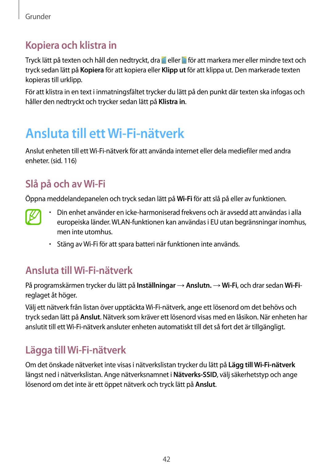 Samsung GT-I9295ZAANEE Ansluta till ett Wi-Fi-nätverk, Kopiera och klistra, Slå på och av Wi-Fi, Lägga till Wi-Fi-nätverk 