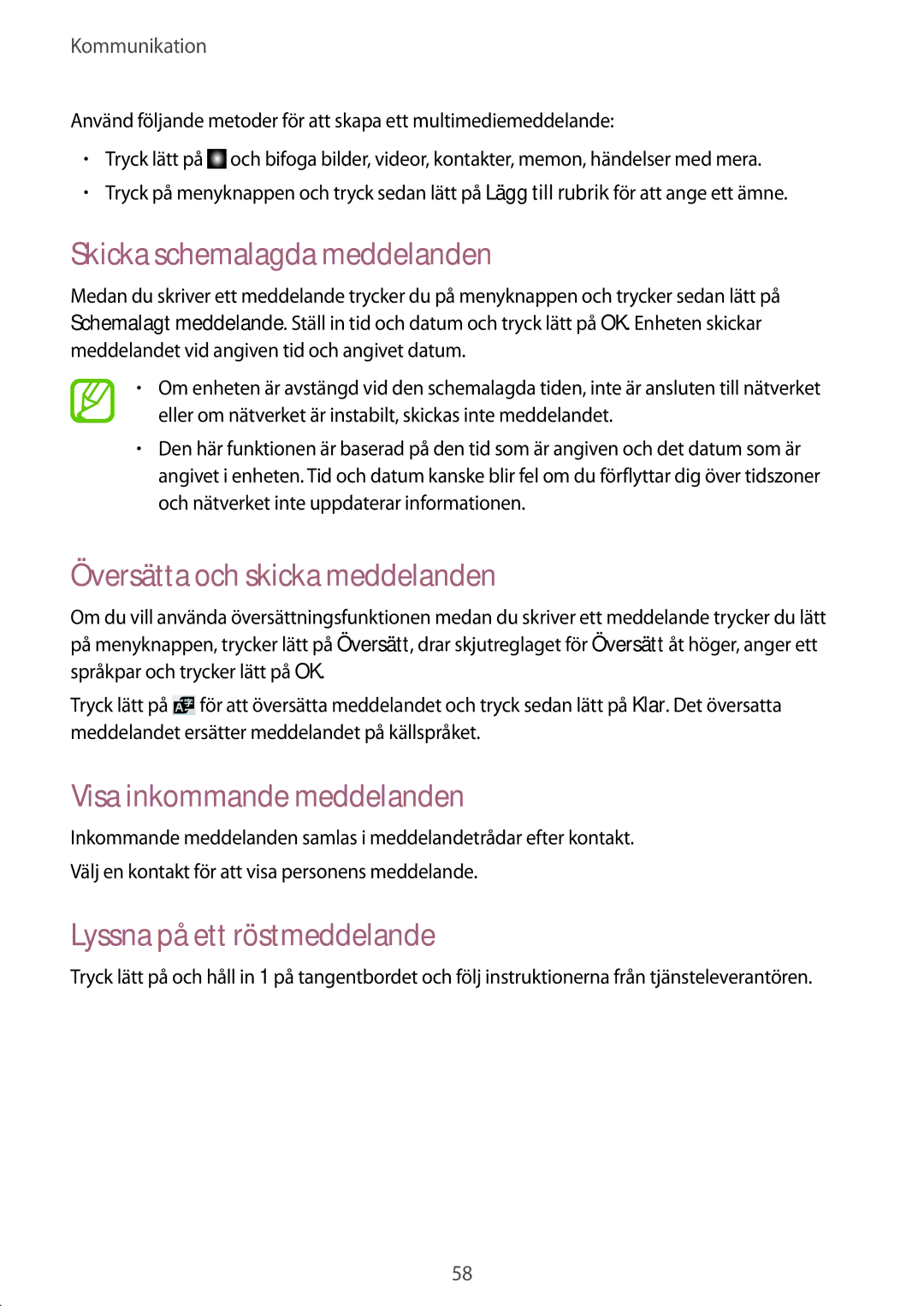 Samsung GT-I9295ZAANEE manual Skicka schemalagda meddelanden, Översätta och skicka meddelanden, Visa inkommande meddelanden 