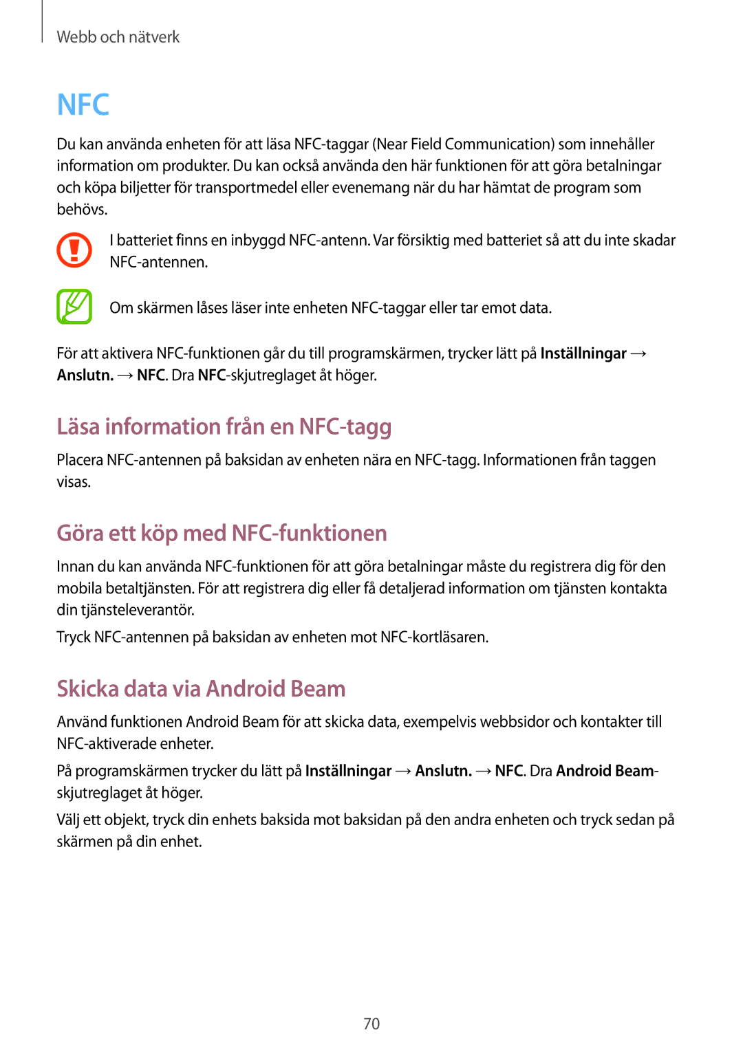 Samsung GT-I9295ZAANEE Läsa information från en NFC-tagg, Göra ett köp med NFC-funktionen, Skicka data via Android Beam 