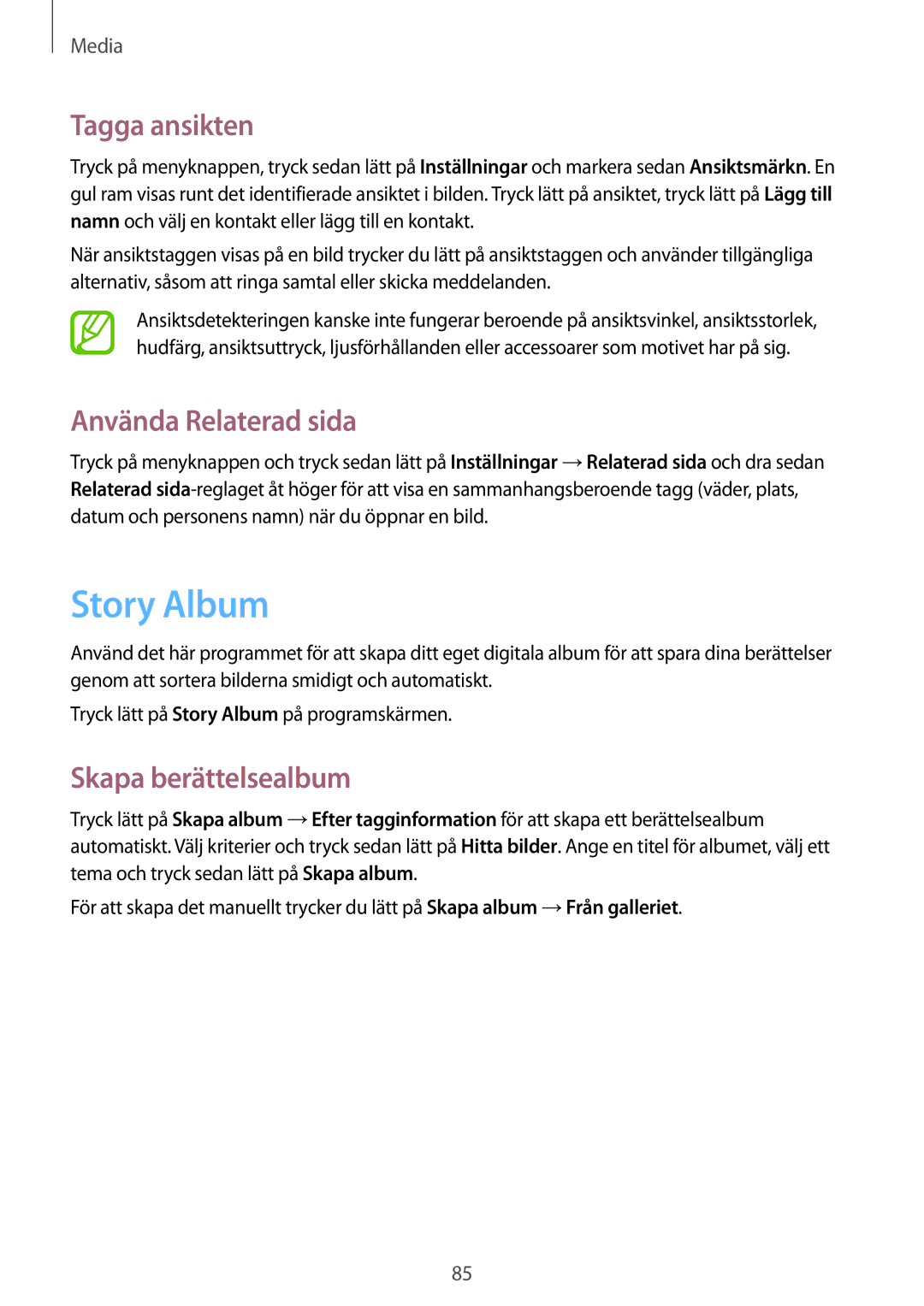 Samsung GT-I9295ZBANEE, GT-I9295MOANEE manual Story Album, Tagga ansikten, Använda Relaterad sida, Skapa berättelsealbum 