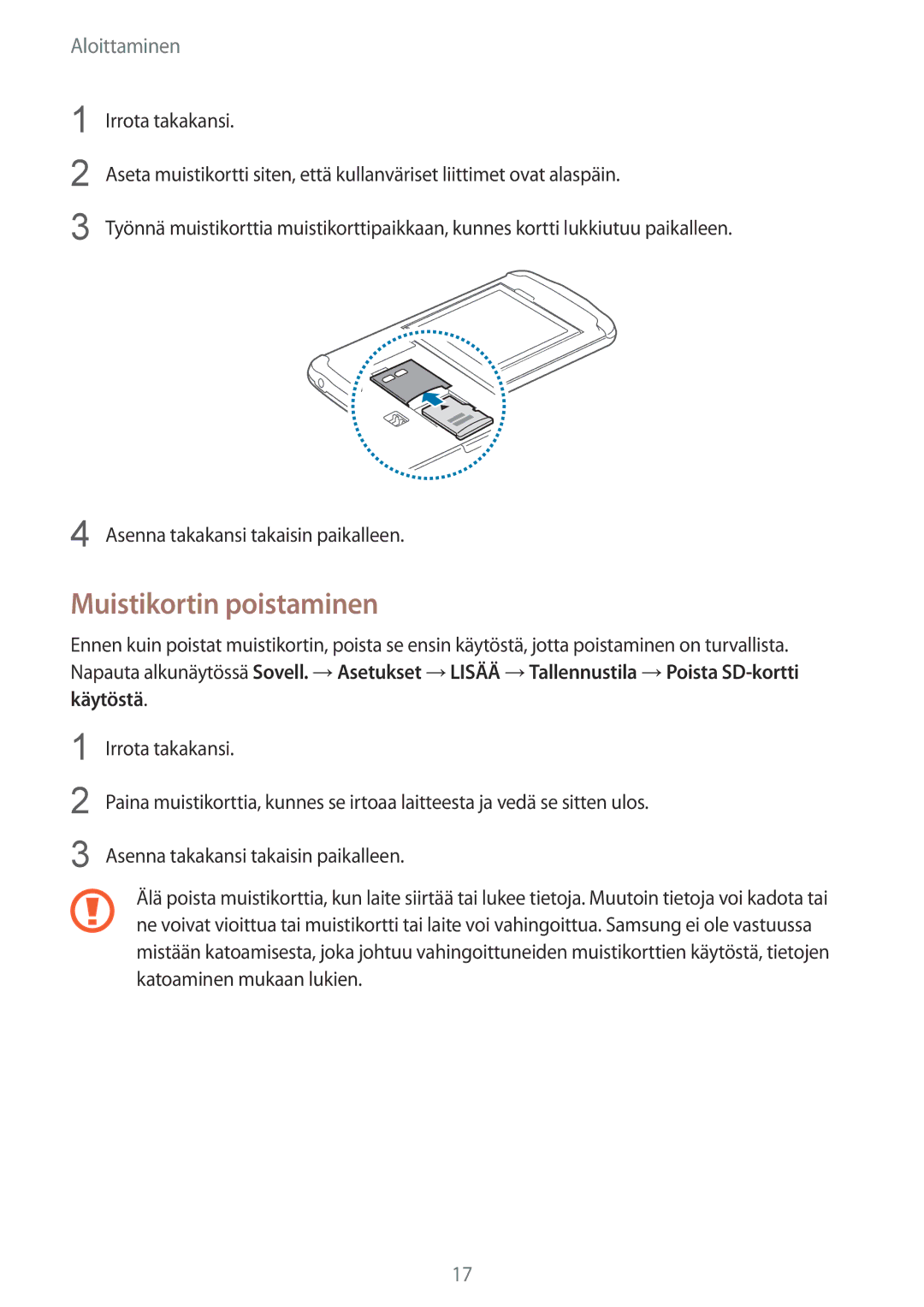 Samsung GT-I9295ZBANEE, GT-I9295MOANEE, GT-I9295ZAANEE, GT-I9295ZOANEE manual Muistikortin poistaminen, Käytöstä 