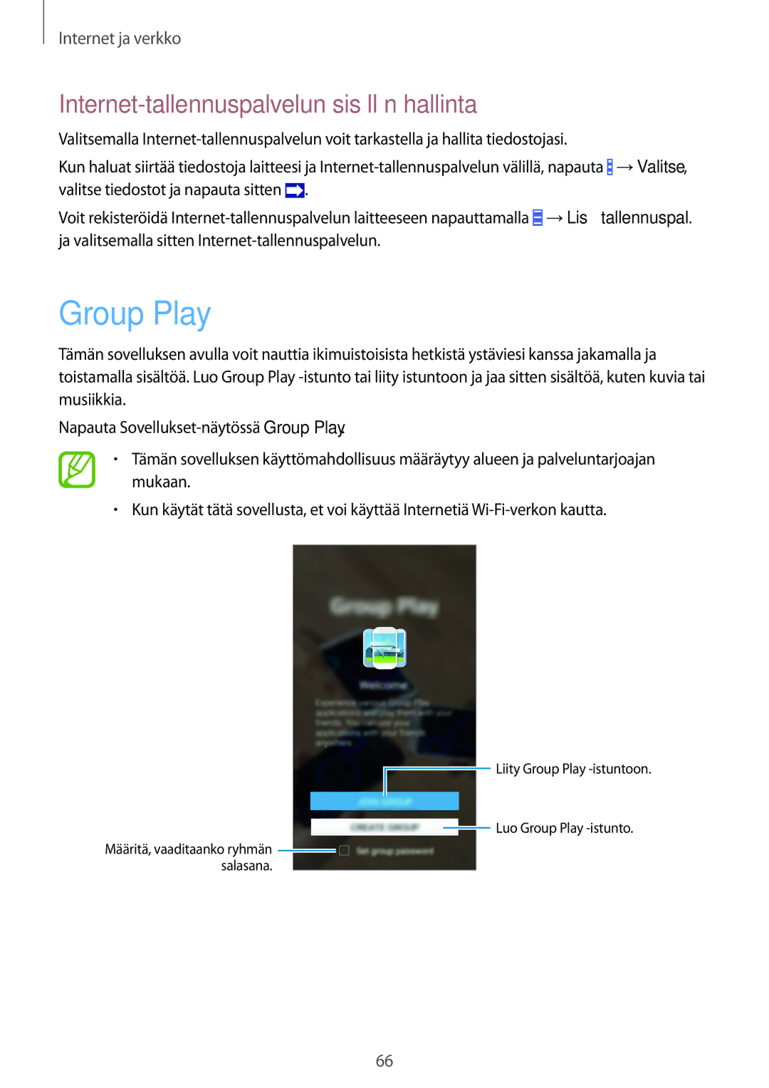 Samsung GT-I9295ZAANEE, GT-I9295MOANEE, GT-I9295ZBANEE manual Group Play, Internet-tallennuspalvelun sisällön hallinta 