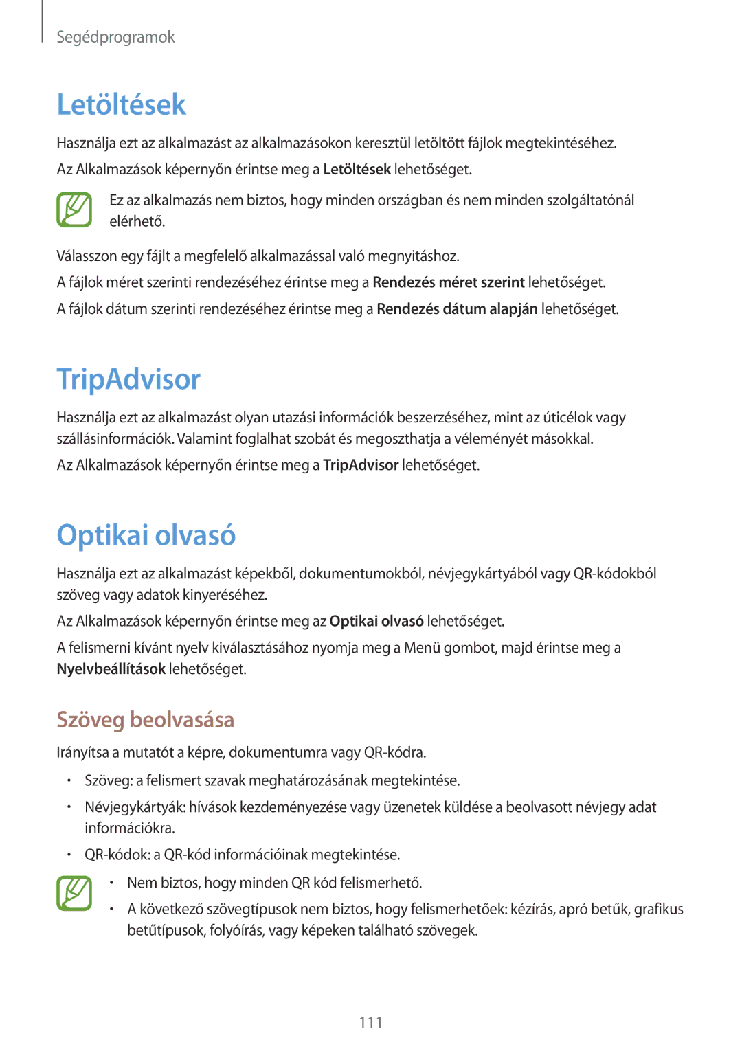 Samsung GT-I9295ZAABGL, GT-I9295ZAADTM, GT-I9295ZBAROM manual Letöltések, TripAdvisor, Optikai olvasó, Szöveg beolvasása 