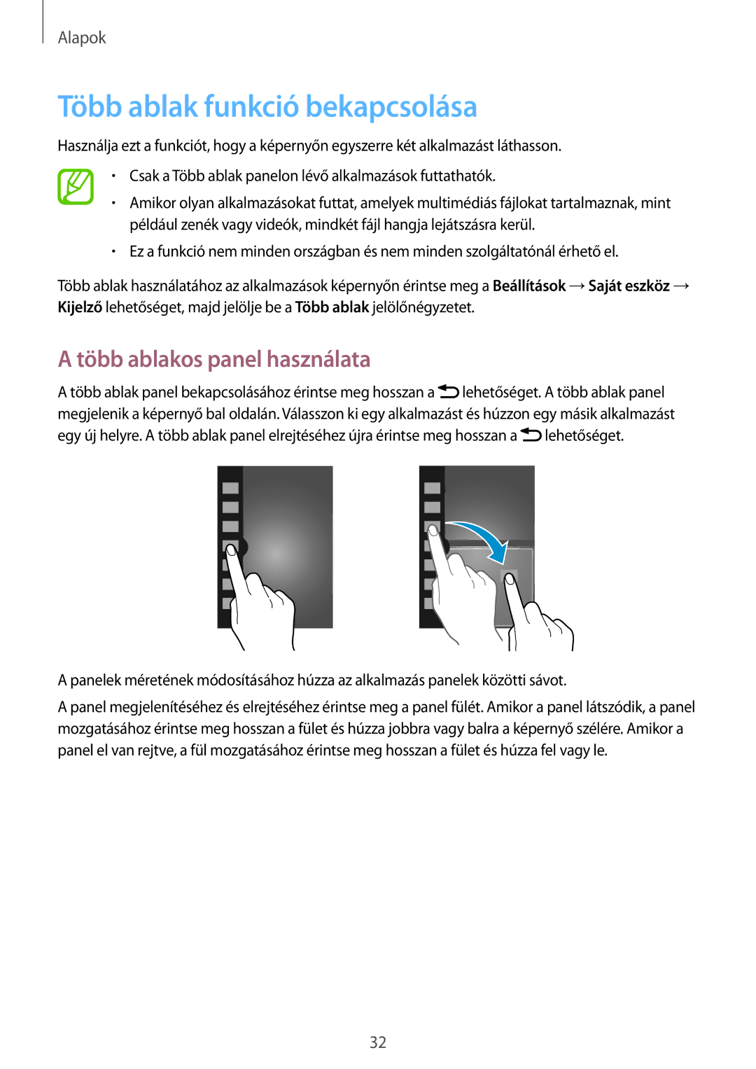 Samsung GT-I9295ZAAXEH, GT-I9295ZAADTM, GT-I9295ZBAROM manual Több ablak funkció bekapcsolása, Több ablakos panel használata 