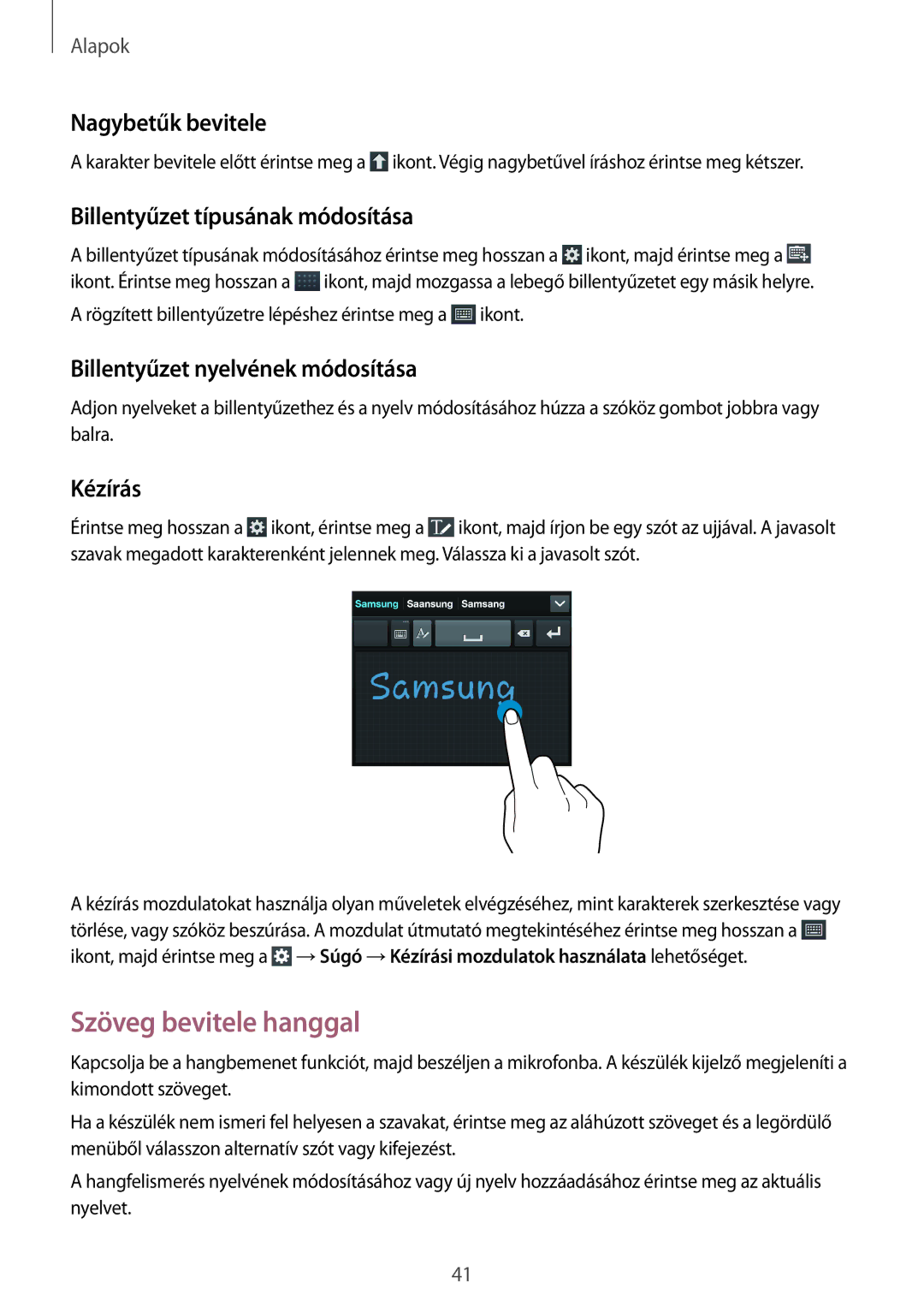 Samsung GT-I9295ZAADRE manual Szöveg bevitele hanggal, Nagybetűk bevitele, Billentyűzet típusának módosítása, Kézírás 