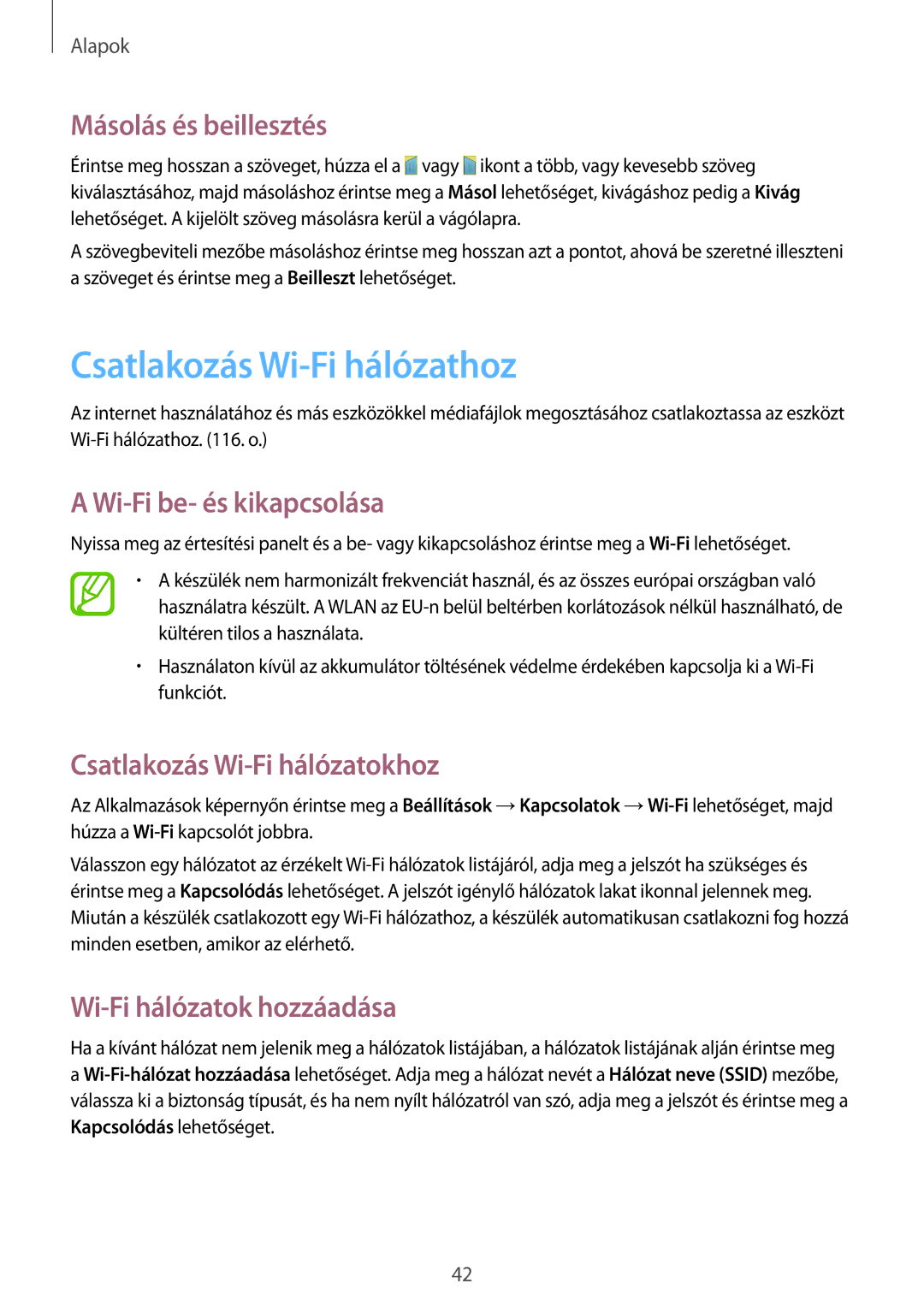 Samsung GT-I9295ZBAETL, GT-I9295ZAADTM Csatlakozás Wi-Fi hálózathoz, Másolás és beillesztés, Wi-Fi be- és kikapcsolása 