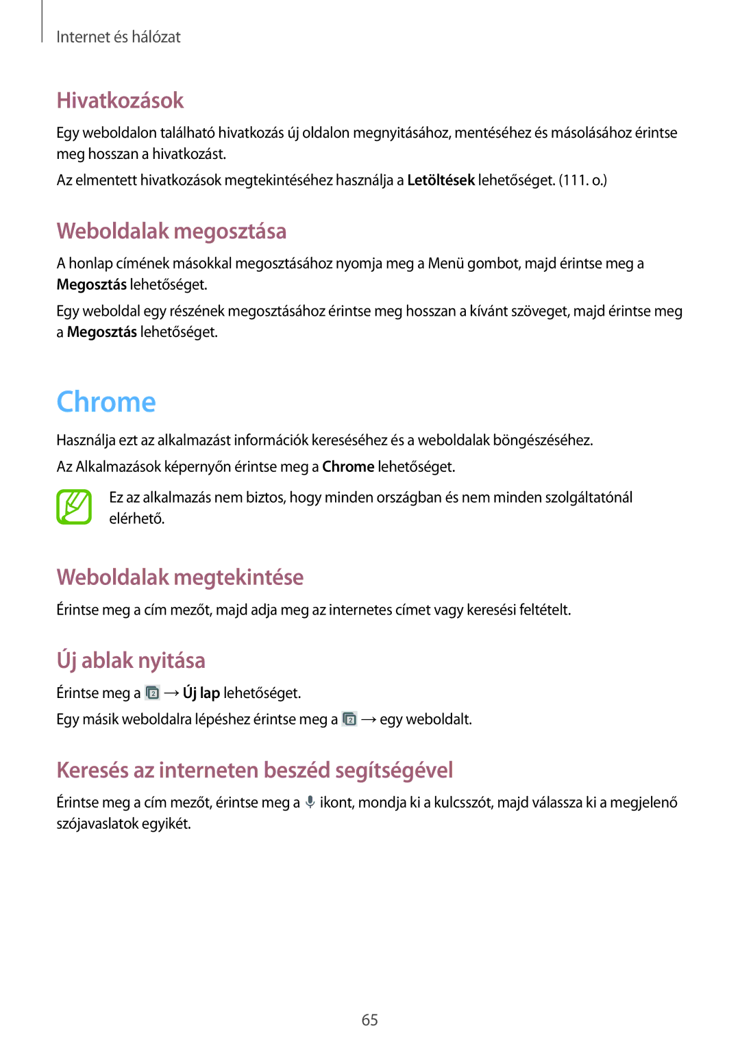 Samsung GT-I9295ZBAORL manual Chrome, Hivatkozások, Weboldalak megosztása, Keresés az interneten beszéd segítségével 