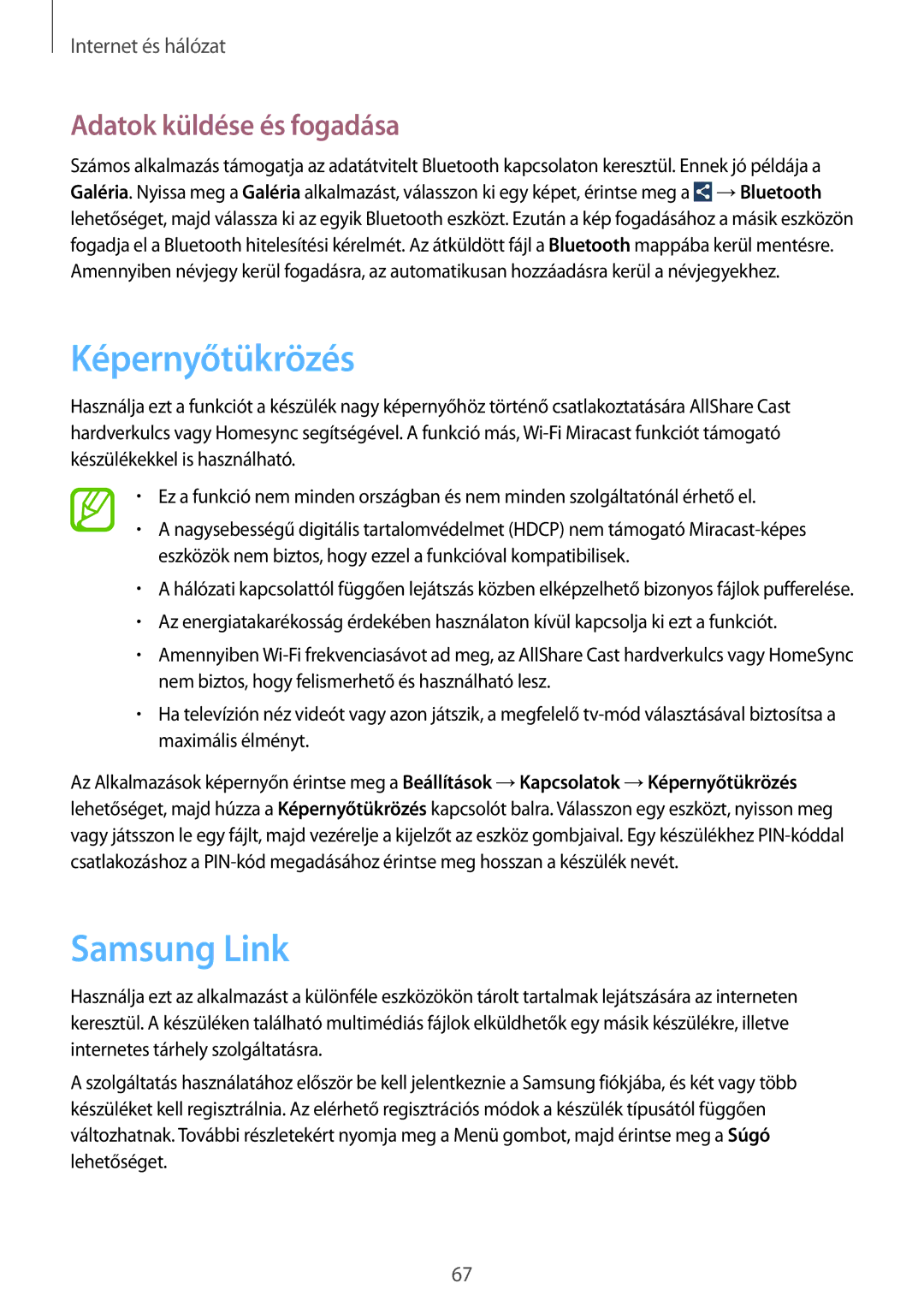 Samsung GT-I9295ZBAATO, GT-I9295ZAADTM, GT-I9295ZBAROM manual Képernyőtükrözés, Samsung Link, Adatok küldése és fogadása 