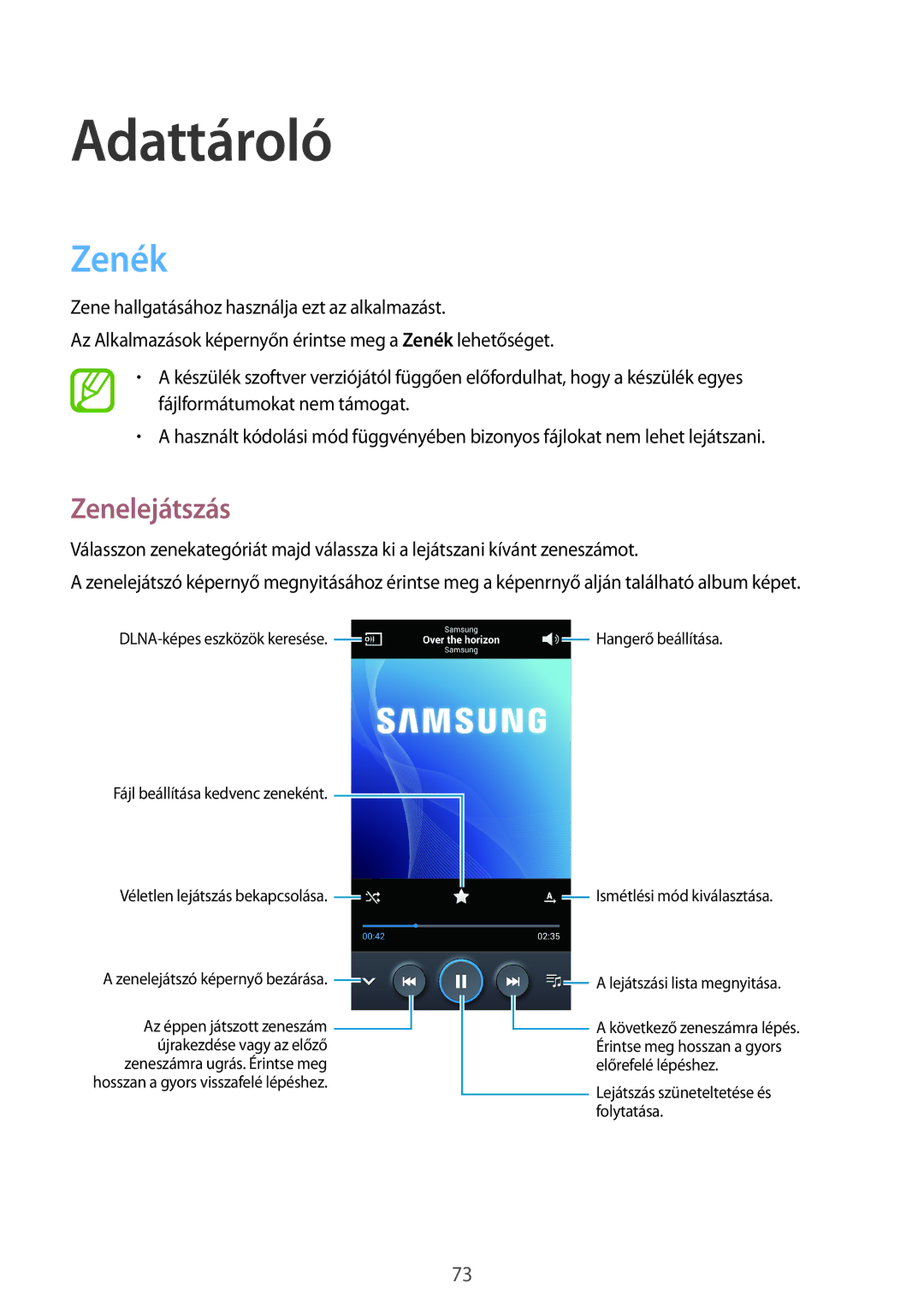 Samsung GT-I9295ZBAROM, GT-I9295ZAADTM, GT-I9295ZOABGL, GT-I9295ZAABGL, GT-I9295ZAAROM manual Adattároló, Zenék, Zenelejátszás 