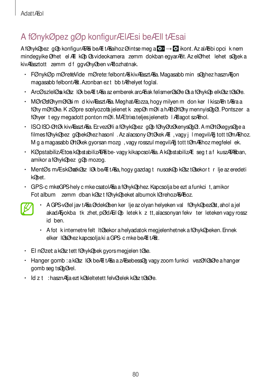 Samsung GT-I9295ZAAXEO, GT-I9295ZAADTM, GT-I9295ZBAROM, GT-I9295ZOABGL manual Fényképezőgép konfigurálási beállításai 