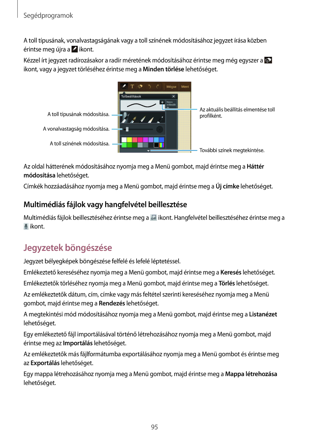 Samsung GT-I9295ZAADRE, GT-I9295ZAADTM manual Jegyzetek böngészése, Multimédiás fájlok vagy hangfelvétel beillesztése 