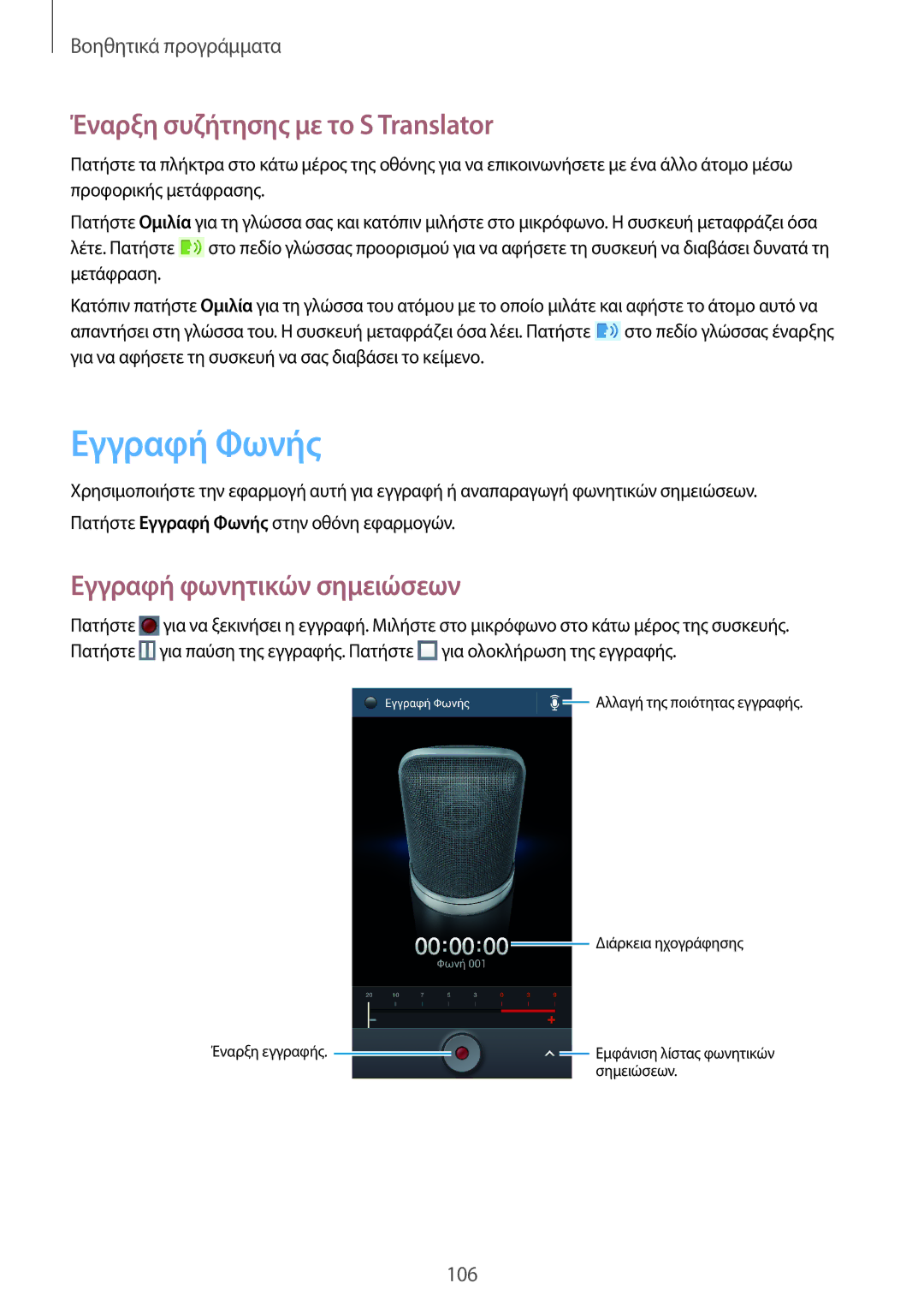 Samsung GT-I9295ZAAEUR manual Εγγραφή Φωνής, Έναρξη συζήτησης με το S Translator, Εγγραφή φωνητικών σημειώσεων 