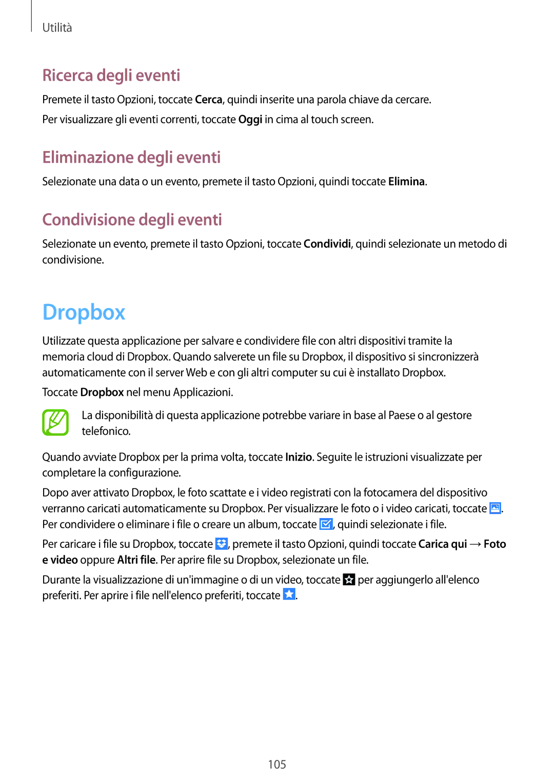 Samsung GT-I9295ZBATUR, GT-I9295ZAAITV Dropbox, Ricerca degli eventi, Eliminazione degli eventi, Condivisione degli eventi 
