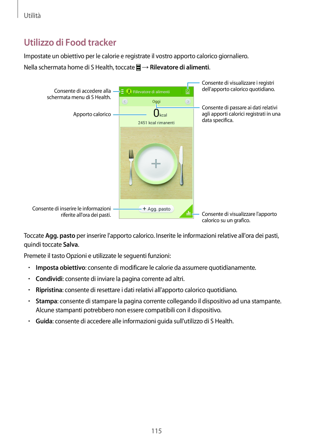 Samsung GT-I9295ZAAXEF, GT-I9295ZAAITV, GT-I9295ZBATUR, GT-I9295ZAATUR, GT-I9295ZOAITV manual Utilizzo di Food tracker 