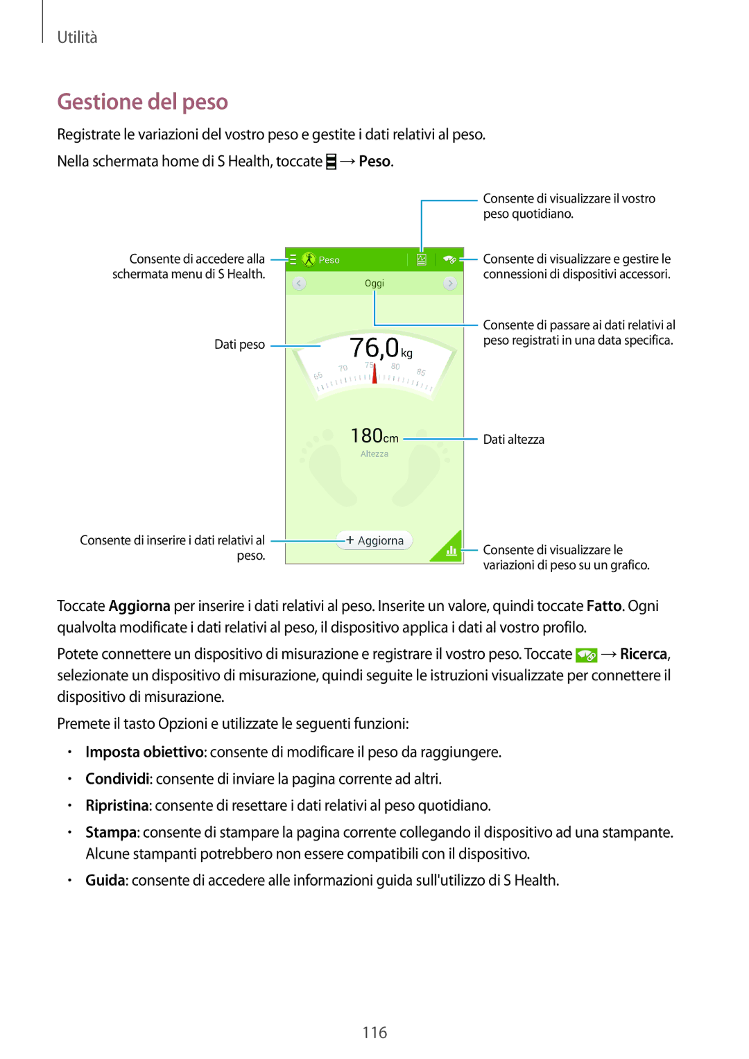 Samsung GT-I9295ZOAITV, GT-I9295ZAAITV manual Gestione del peso, Consente di visualizzare il vostro peso quotidiano 