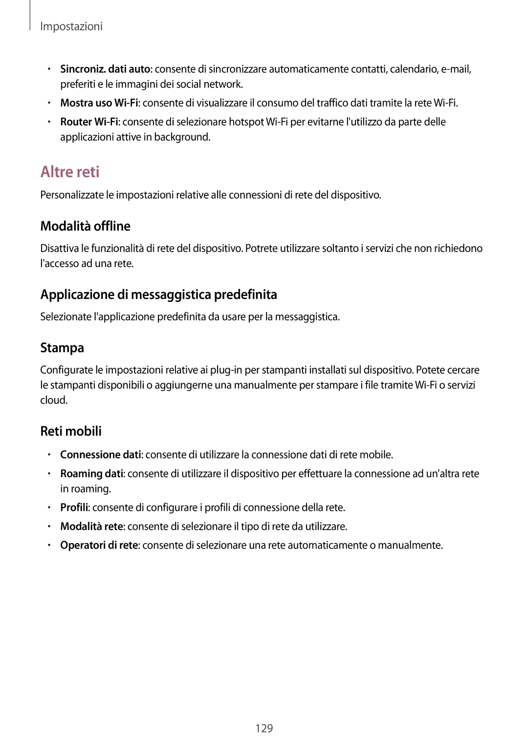 Samsung GT-I9295ZBATUR manual Altre reti, Modalità offline, Applicazione di messaggistica predefinita, Stampa, Reti mobili 