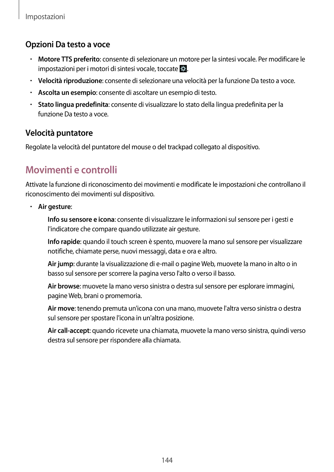 Samsung GT-I9295ZAAITV, GT-I9295ZBATUR Movimenti e controlli, Opzioni Da testo a voce, Velocità puntatore, Air gesture 